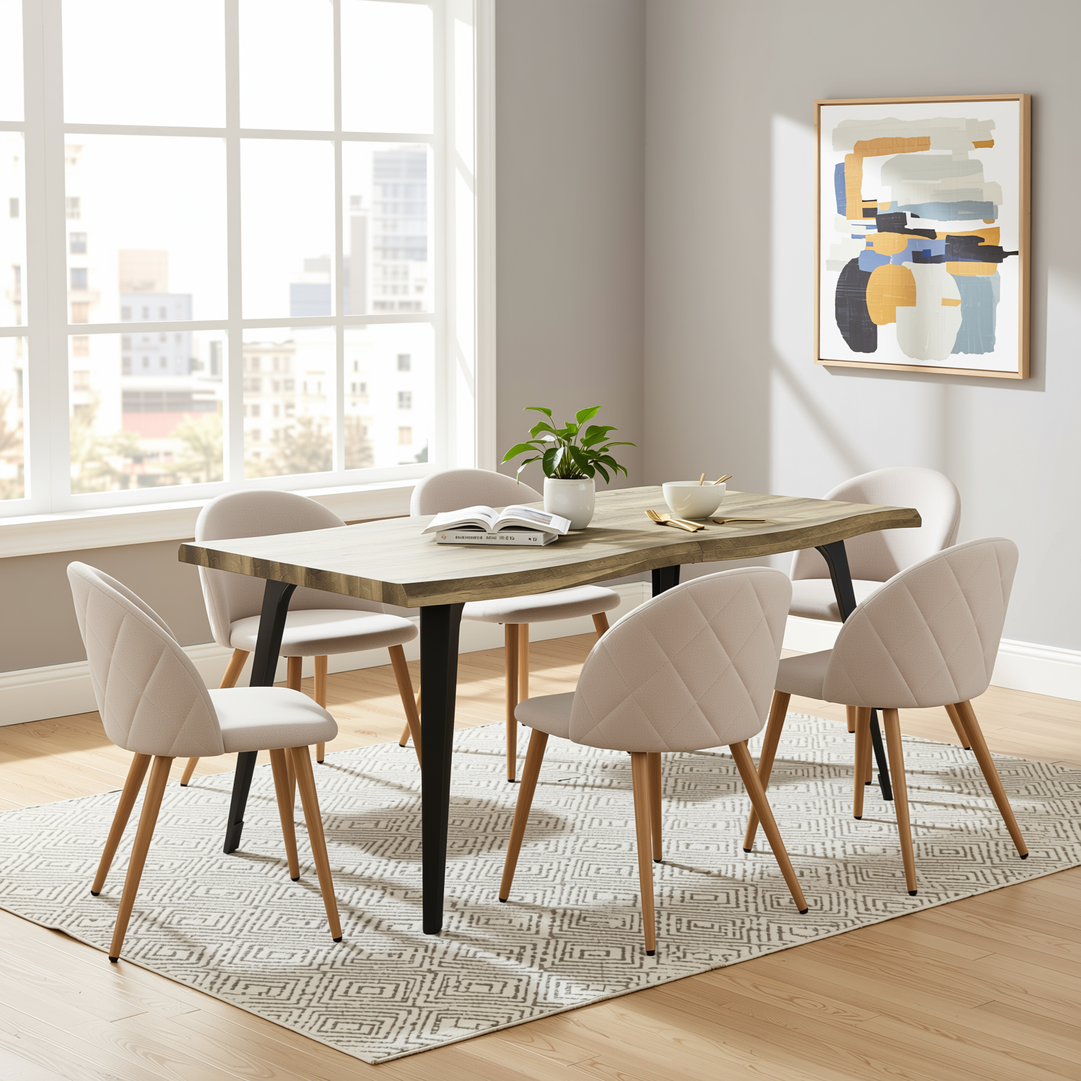 Homy Casa Lancelot 7PC Dining Set 63” Walnut Table with 6 Zomba Beige Upholstered Chairs