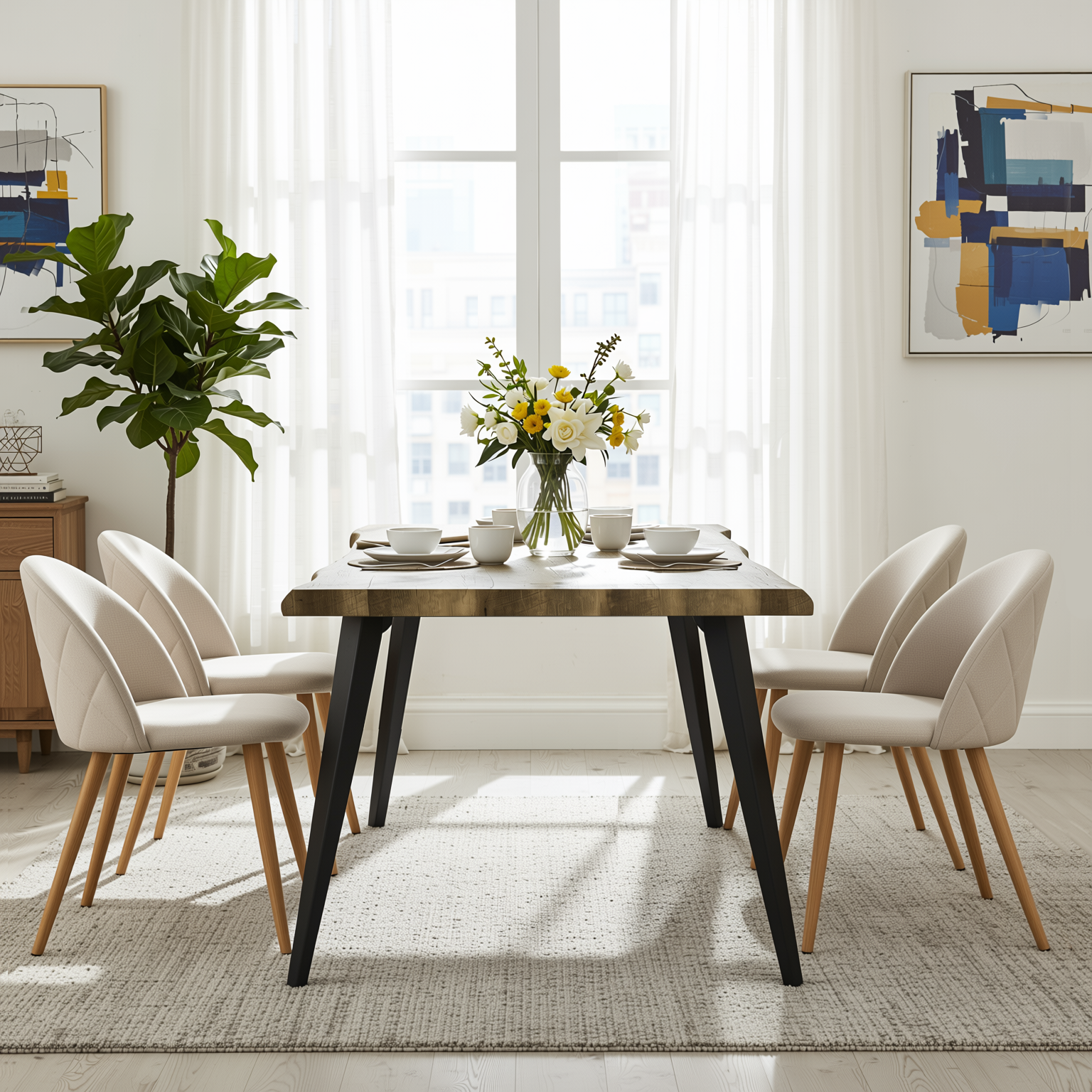 Homy Casa LANCELOT KD NATURAL, ZOMBA FLEECE BEIGE OAK LEG 4PCS Dining Set "63" x 35" Dining Table and Chairs for Kitchen & Dining Room