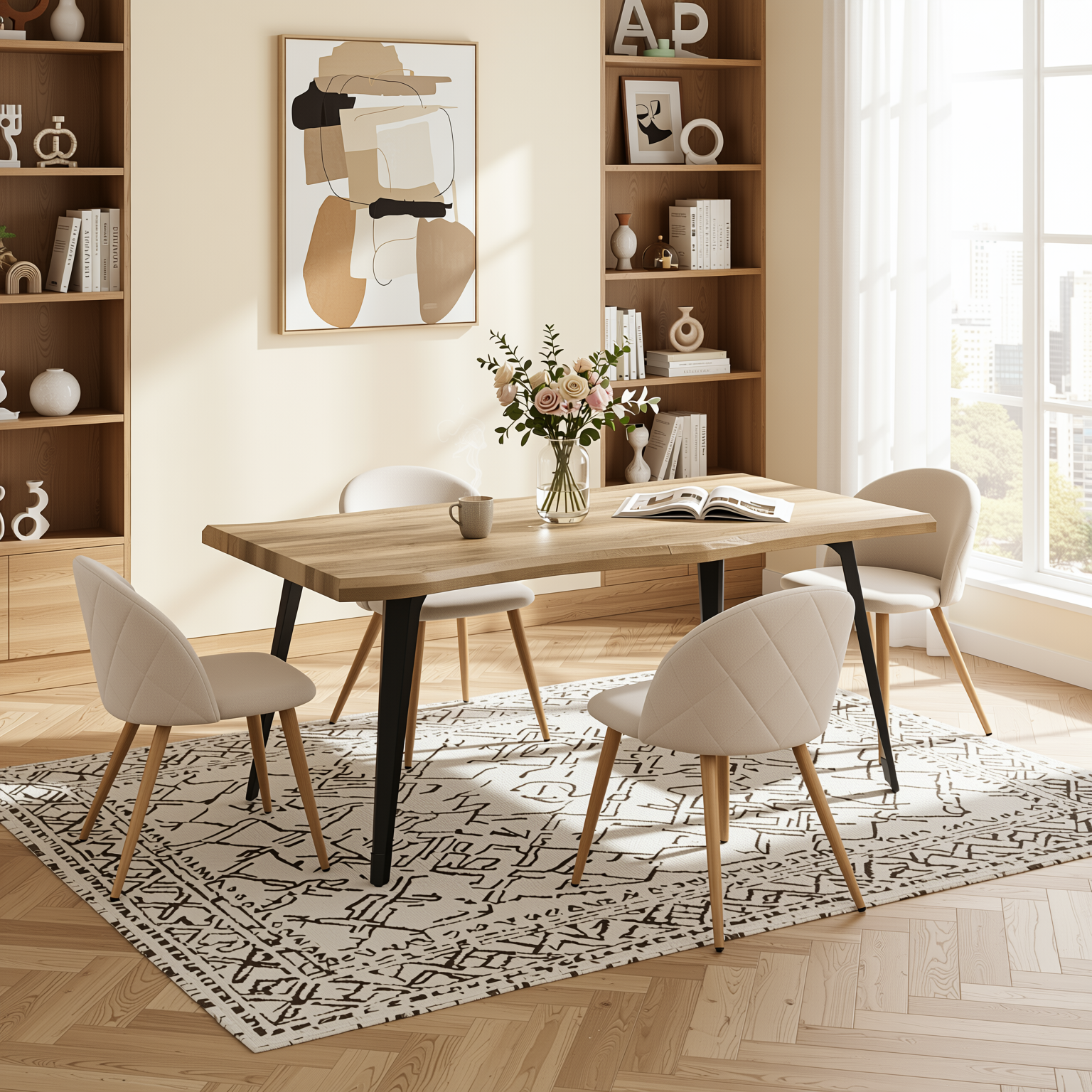 Homy Casa LANCELOT KD NATURAL, ZOMBA FLEECE BEIGE OAK LEG 4PCS Dining Set "63" x 35" Dining Table and Chairs for Kitchen & Dining Room