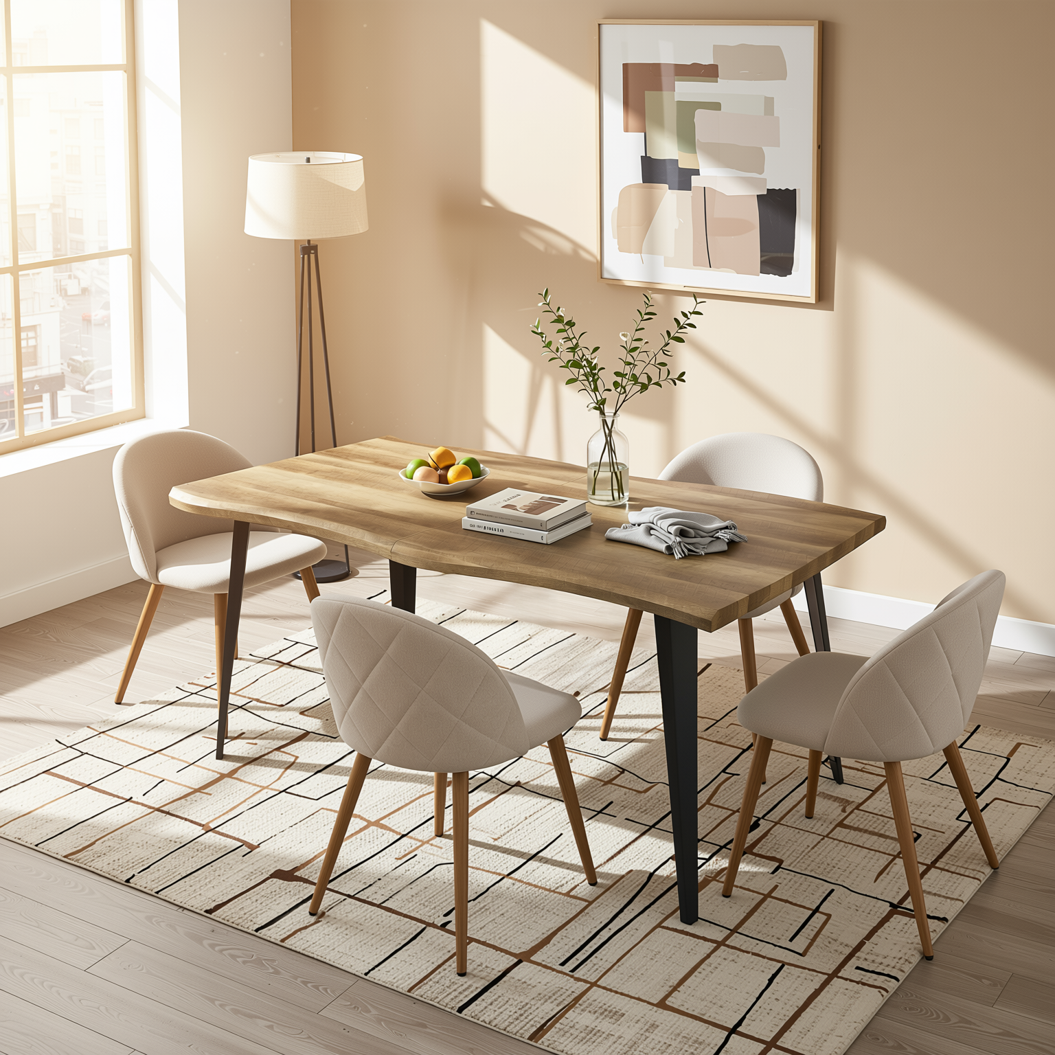 Homy Casa Lancelot 5PC Dining Set 63” Walnut Table with 4 Zomba Fleece Beige Upholstered Chairs