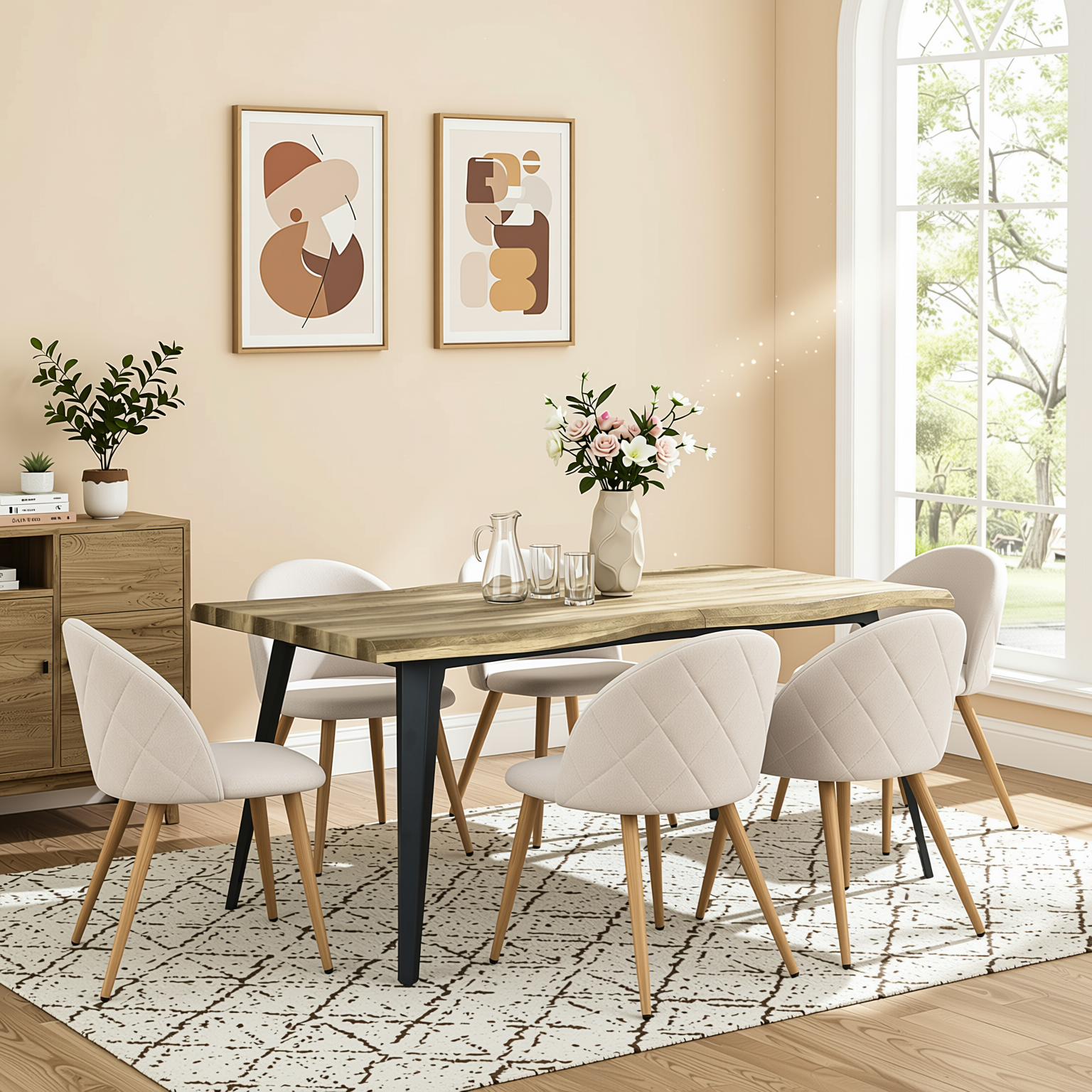 Homy Casa Lancelot 7PC Dining Set 63” Walnut Table with 6 Zomba Beige Upholstered Chairs