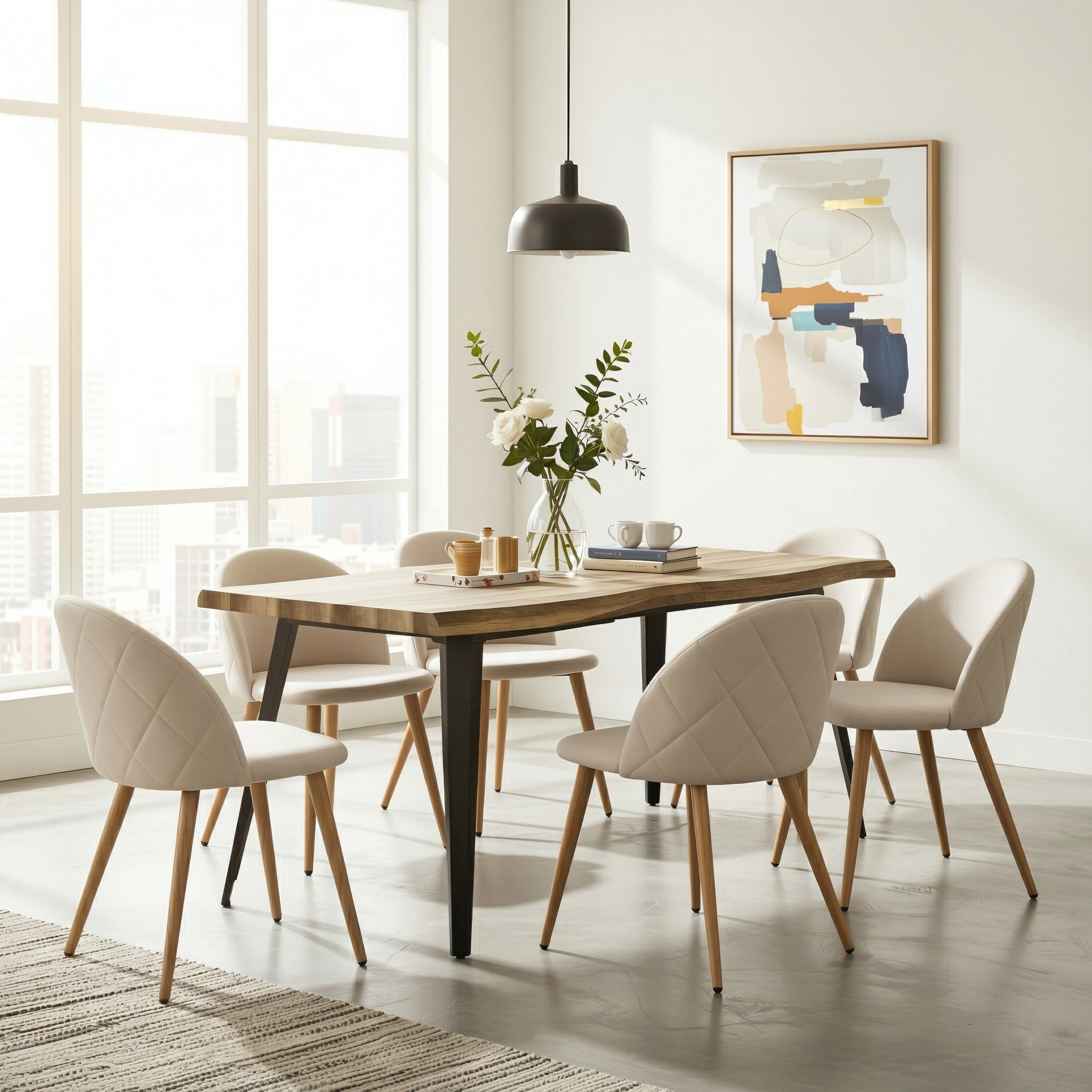 Homy Casa Lancelot 7PC Dining Set 63” Walnut Table with 6 Zomba Beige Upholstered Chairs