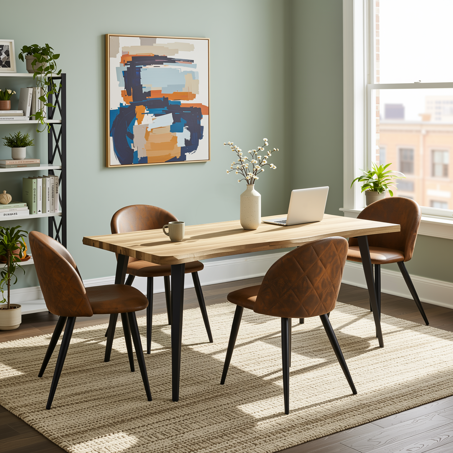 Homy Casa Lancelot 5PC Dining Set 63” Walnut Table with 4 Zomba Suede Brown Upholstered Chairs