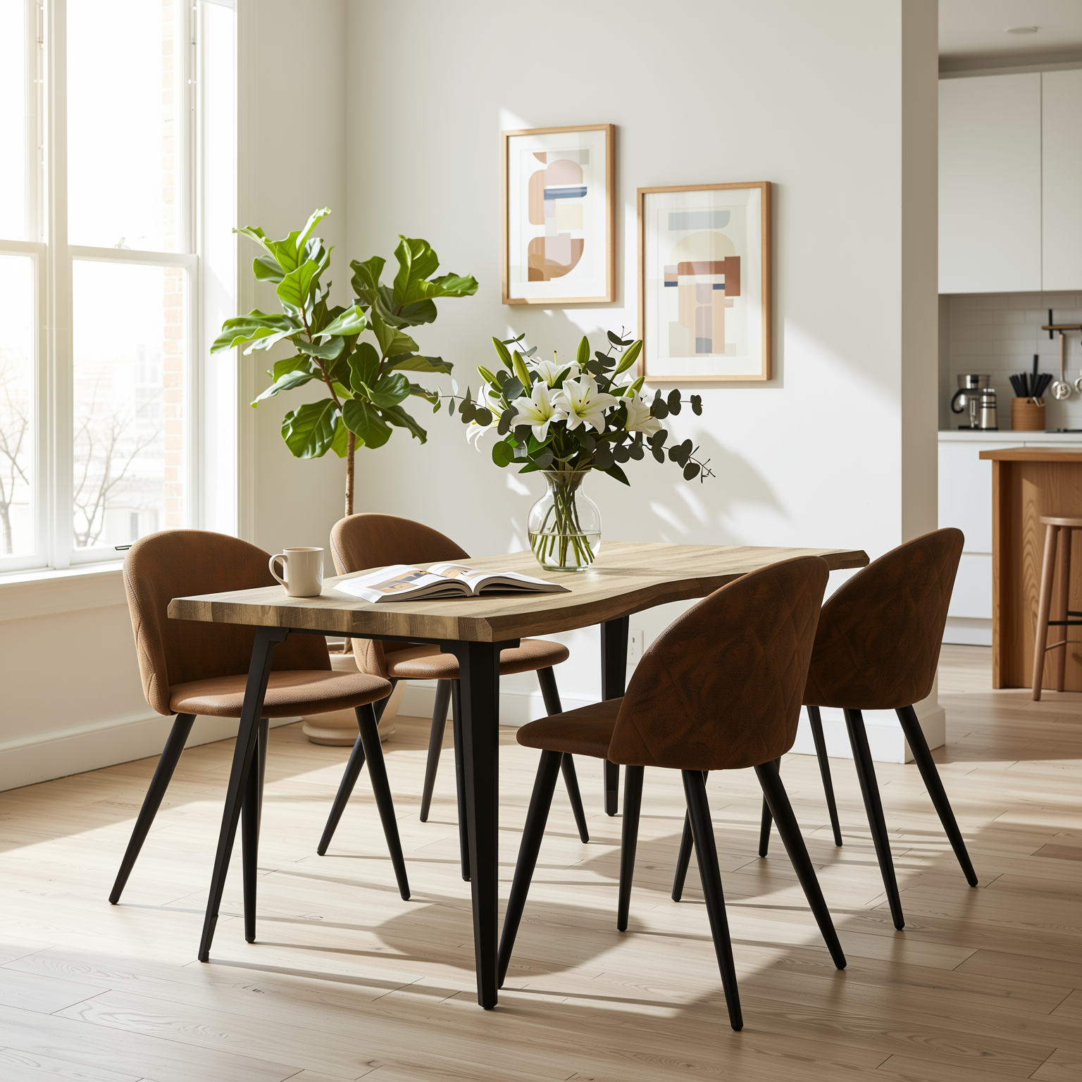 Homy Casa Lancelot 5PC Dining Set 63” Walnut Table with 4 Zomba Suede Brown Upholstered Chairs