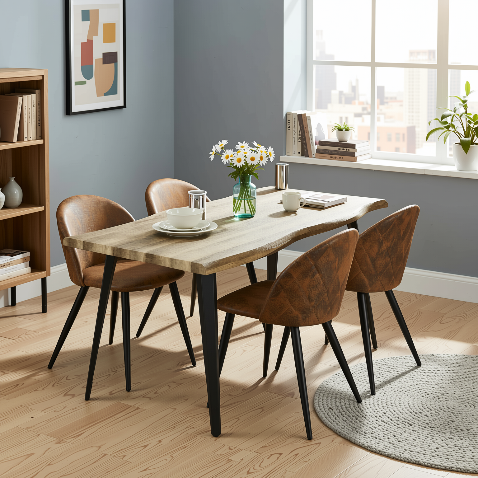 Homy Casa Lancelot 5PC Dining Set 63” Walnut Table with 4 Zomba Suede Brown Upholstered Chairs