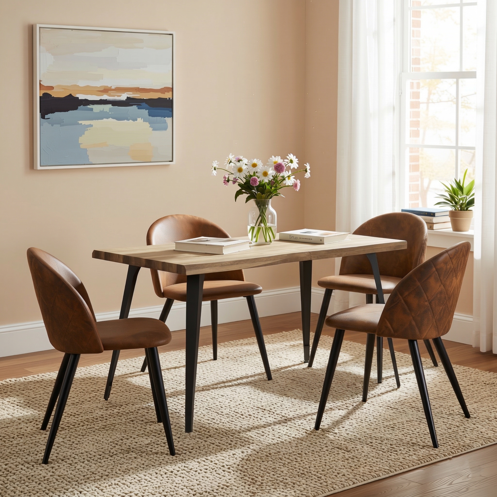Homy Casa Lancelot 5PC Dining Set 63” Walnut Table with 4 Zomba Suede Brown Upholstered Chairs