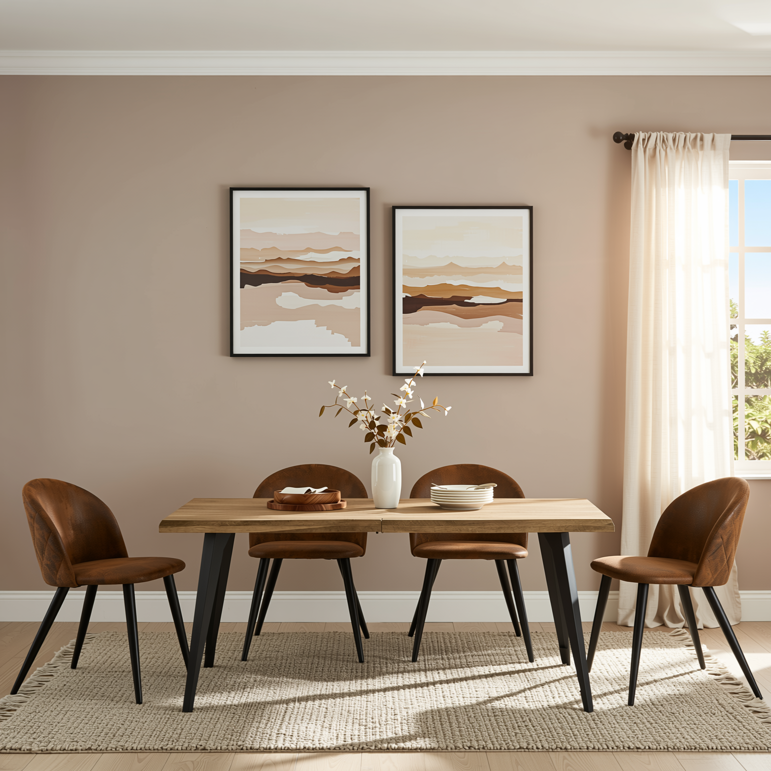 Homy Casa Lancelot 5PC Dining Set 63” Walnut Table with 4 Zomba Suede Brown Upholstered Chairs