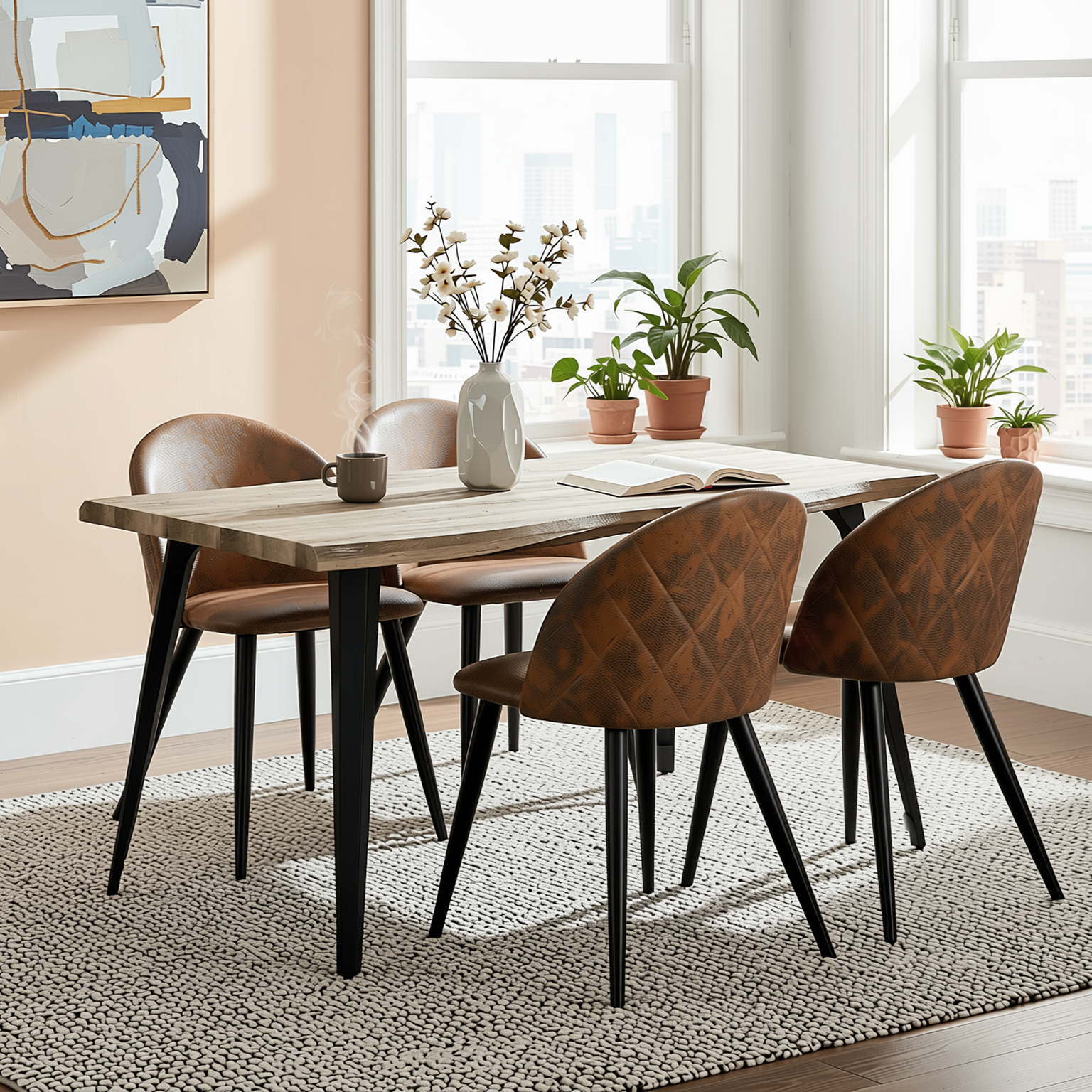 Homy Casa Lancelot 5PC Dining Set 63” Walnut Table with 4 Zomba Suede Brown Upholstered Chairs