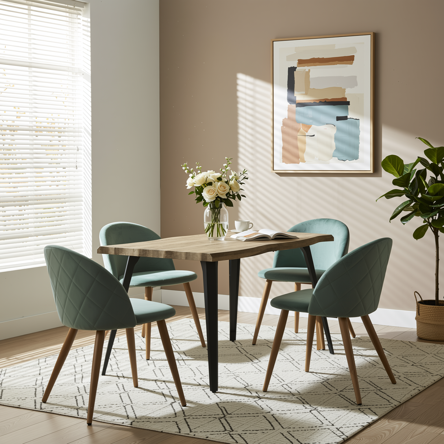 Homy Casa Lancelot 5PC Dining Set 63” Walnut Table with 4 Zomba Velvet Upholstered Chairs in Cactus Green