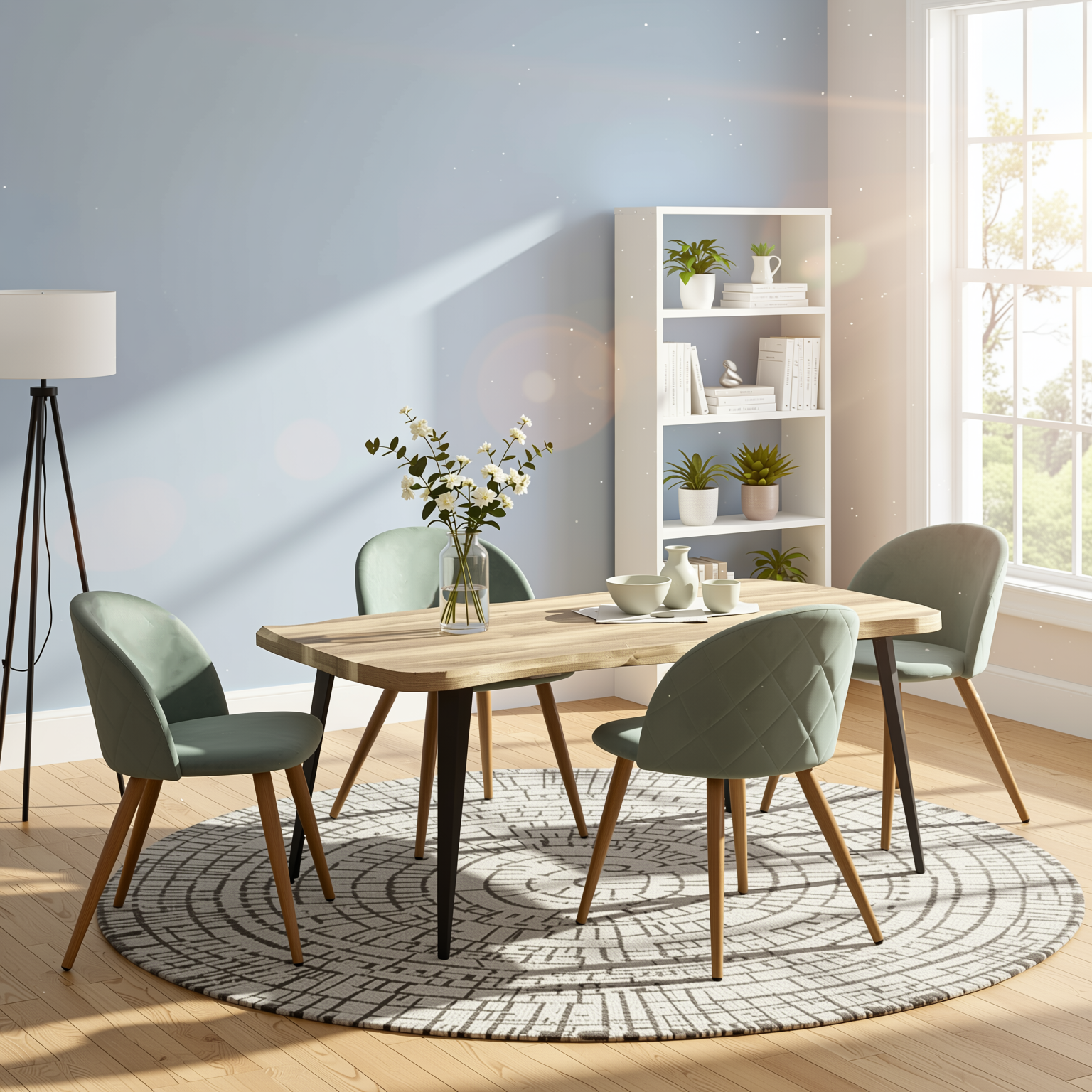 Homy Casa Lancelot 5PC Dining Set 63” Walnut Table with 4 Zomba Velvet Upholstered Chairs in Cactus Green