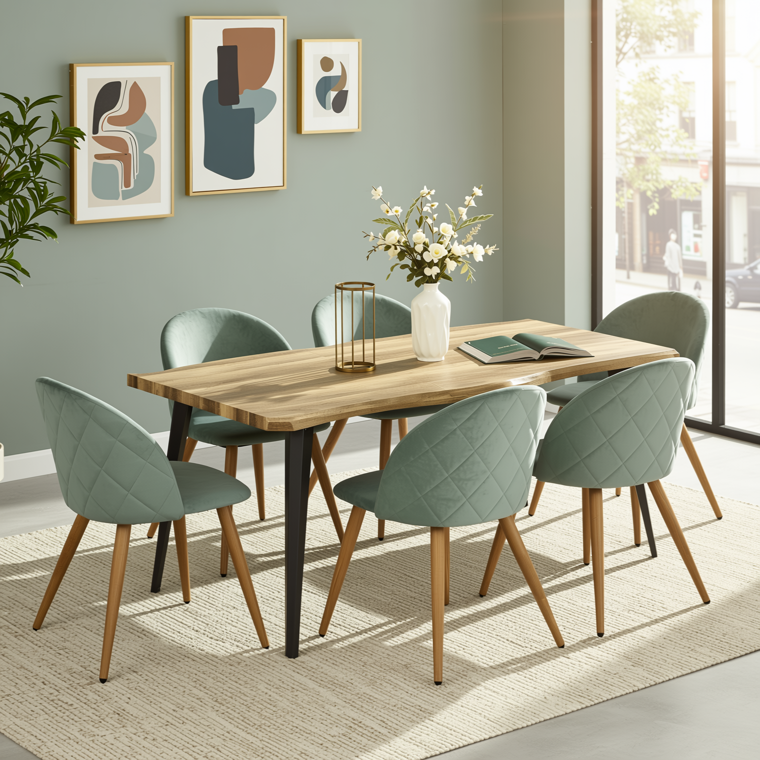 Homy Casa Lancelot 7PC Dining Set 63” Walnut Table with 6 Zomba Velvet Upholstered Chairs in Cactus Green
