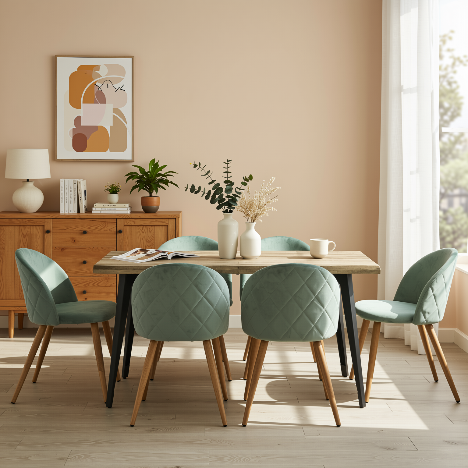 Homy Casa Lancelot 7PC Dining Set 63” Walnut Table with 6 Zomba Velvet Upholstered Chairs in Cactus Green
