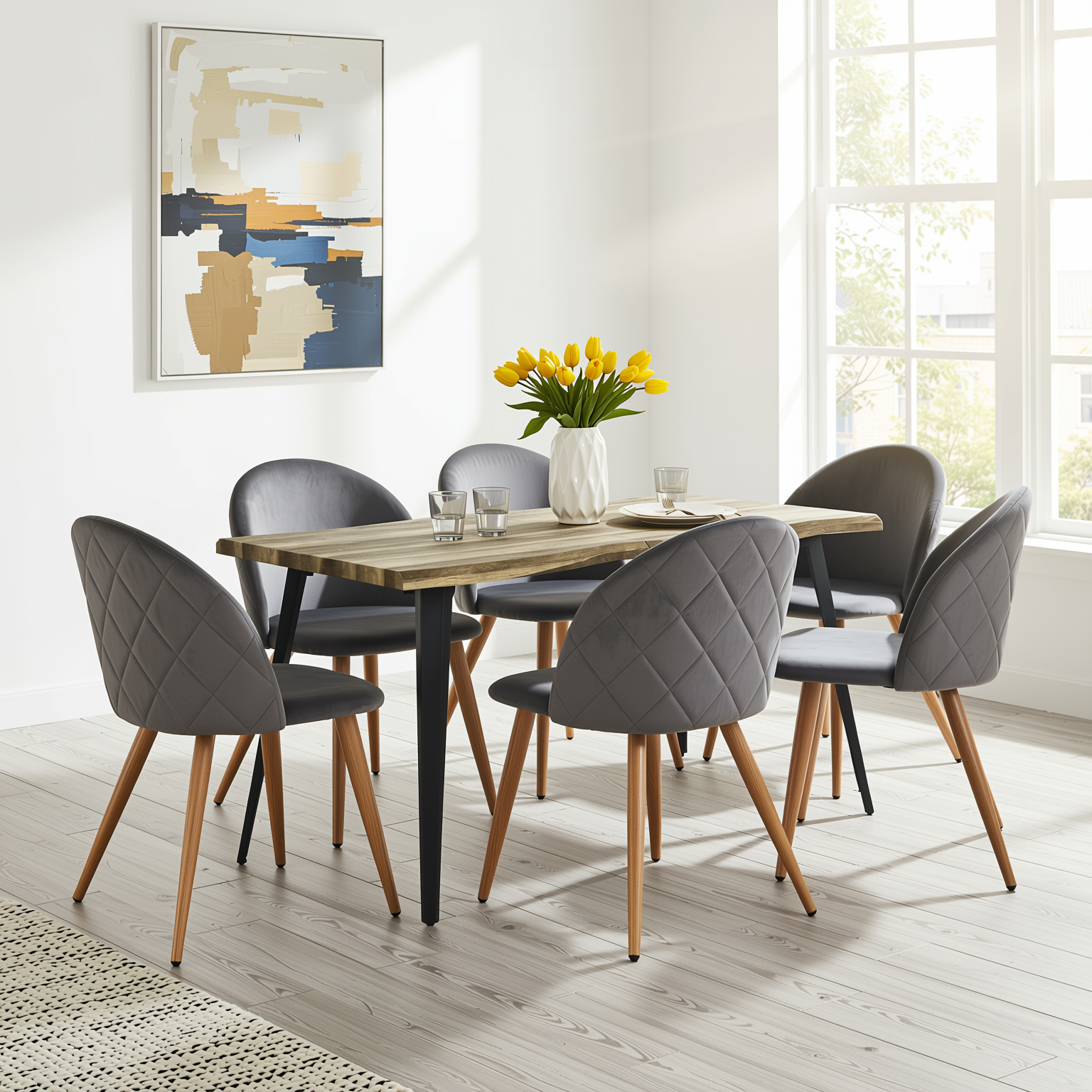 Homy Casa Lancelot 7PC Dining Set 63” Walnut Table with 6 Zomba Velvet Upholstered Chairs in Grey