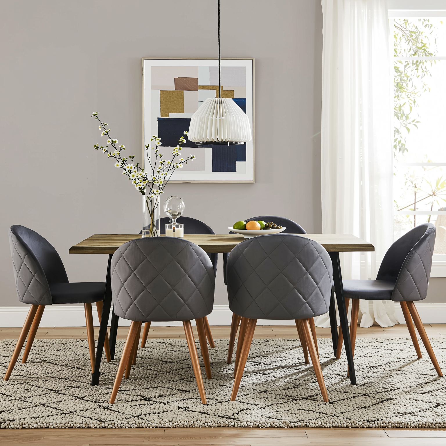 Homy Casa Lancelot 7PC Dining Set 63” Walnut Table with 6 Zomba Velvet Upholstered Chairs in Grey