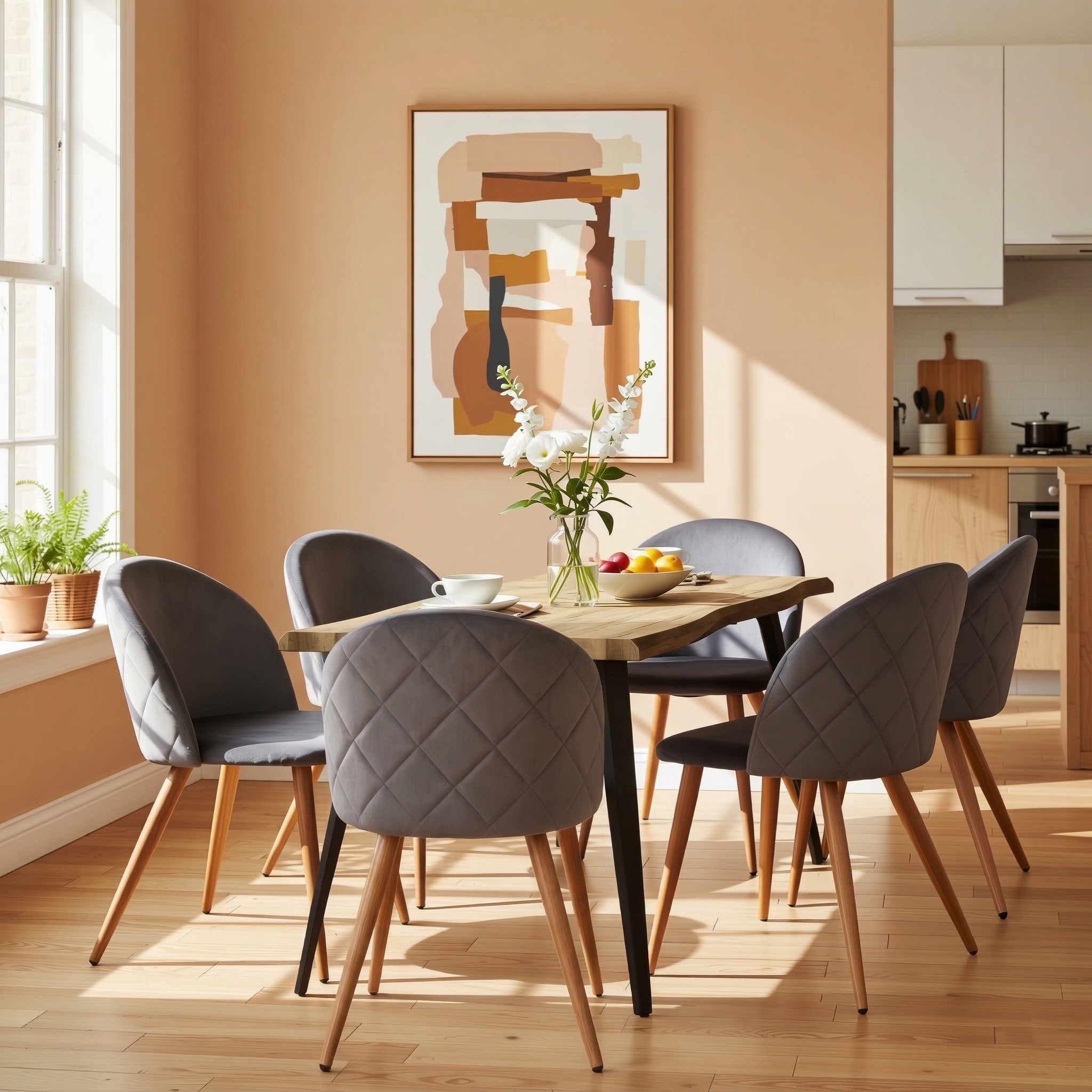 Homy Casa Lancelot 7PC Dining Set 63” Walnut Table with 6 Zomba Velvet Upholstered Chairs in Grey