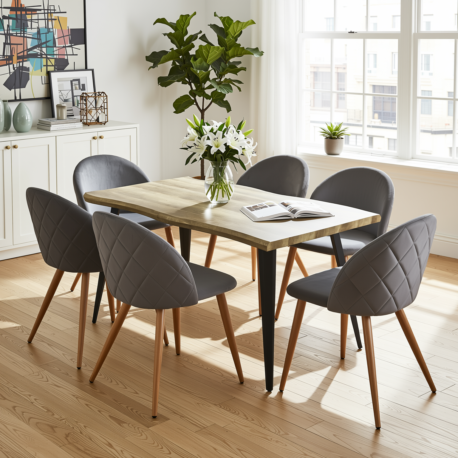 Homy Casa Lancelot 7PC Dining Set 63” Walnut Table with 6 Zomba Velvet Upholstered Chairs in Grey