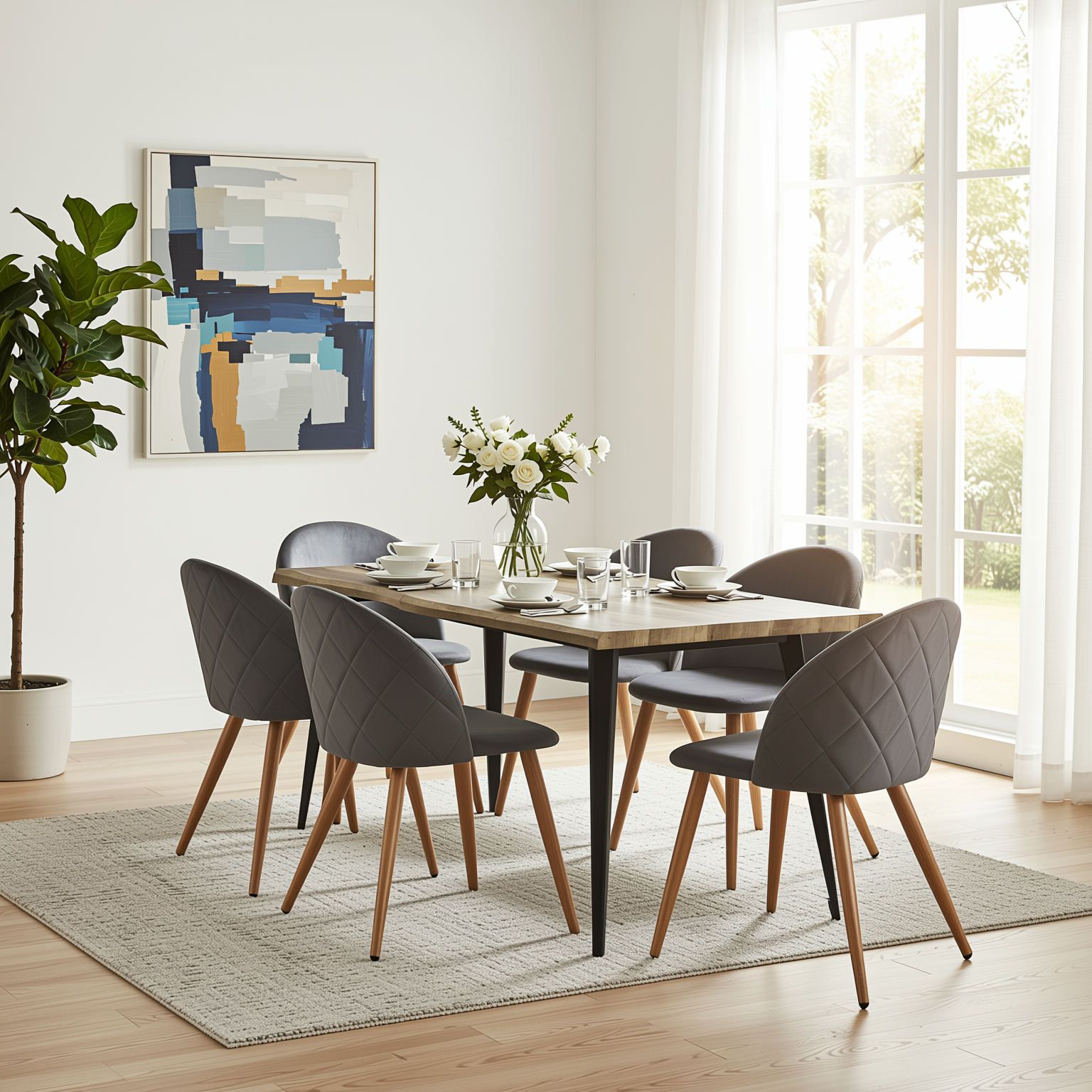 Homy Casa Lancelot 7PC Dining Set 63” Walnut Table with 6 Zomba Velvet Upholstered Chairs in Grey