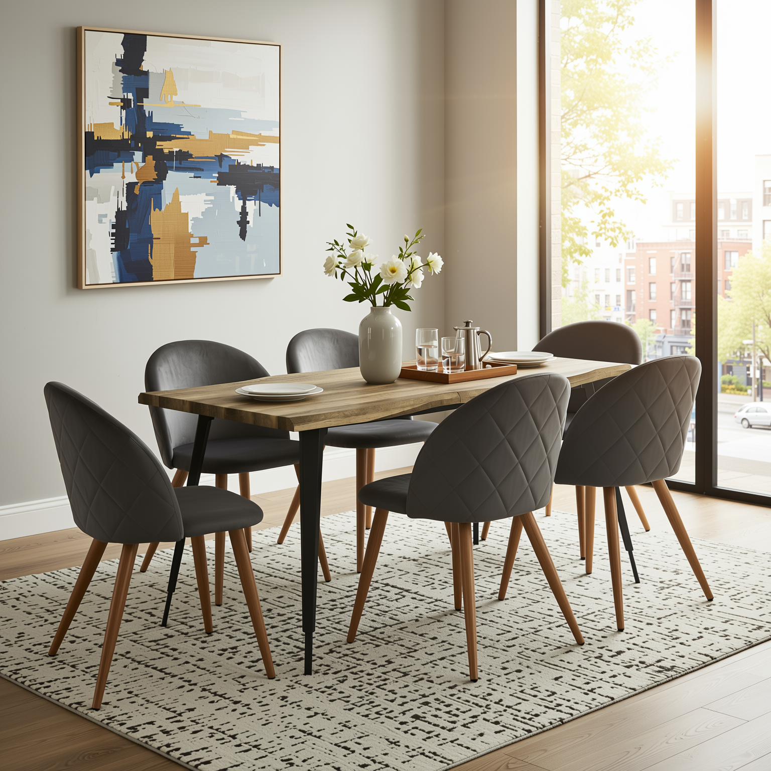 Homy Casa Lancelot 7PC Dining Set 63” Walnut Table with 6 Zomba Velvet Upholstered Chairs in Grey