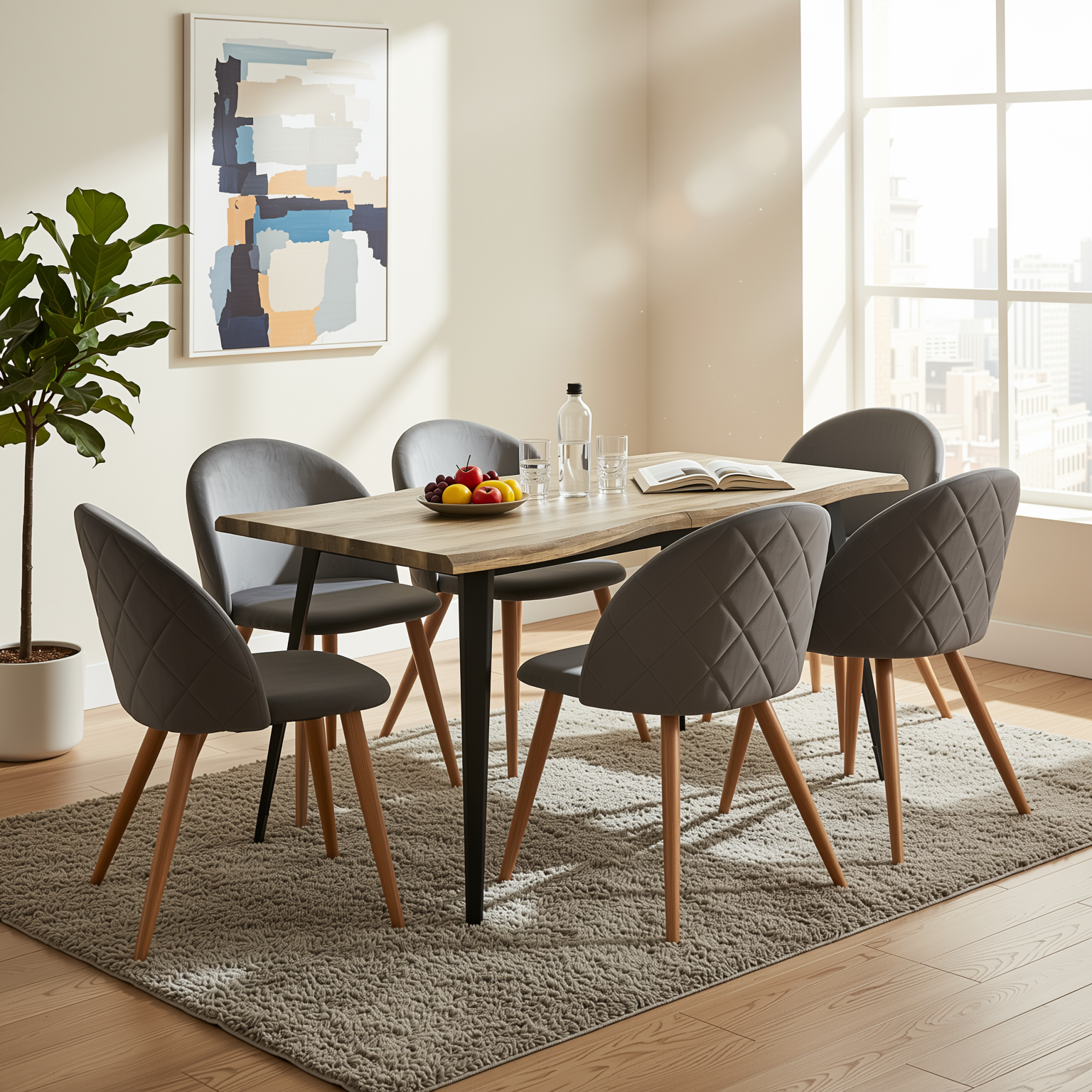 Homy Casa Lancelot 7PC Dining Set 63” Walnut Table with 6 Zomba Velvet Upholstered Chairs in Grey