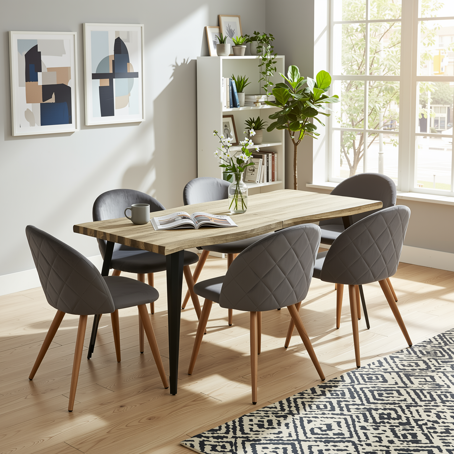 Homy Casa Lancelot 7PC Dining Set 63” Walnut Table with 6 Zomba Velvet Upholstered Chairs in Grey