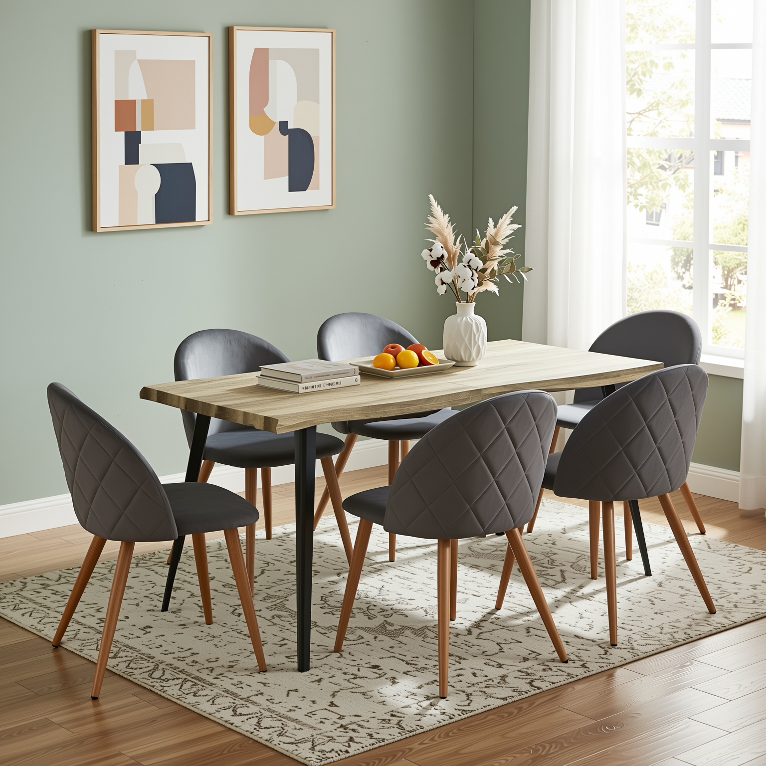 Homy Casa Lancelot 7PC Dining Set 63” Walnut Table with 6 Zomba Velvet Upholstered Chairs in Grey