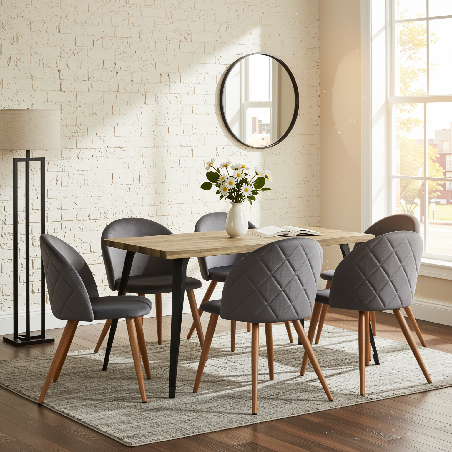 Homy Casa Lancelot 7PC Dining Set 63” Walnut Table with 6 Zomba Velvet Upholstered Chairs in Grey