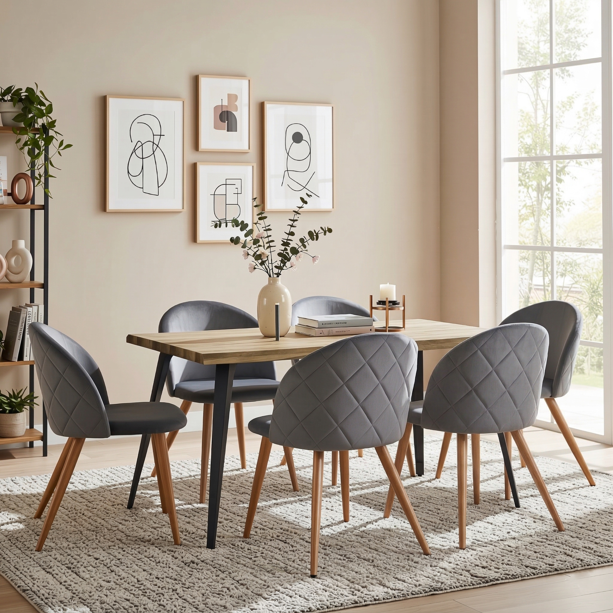 Homy Casa Lancelot 7PC Dining Set 63” Walnut Table with 6 Zomba Velvet Upholstered Chairs in Grey