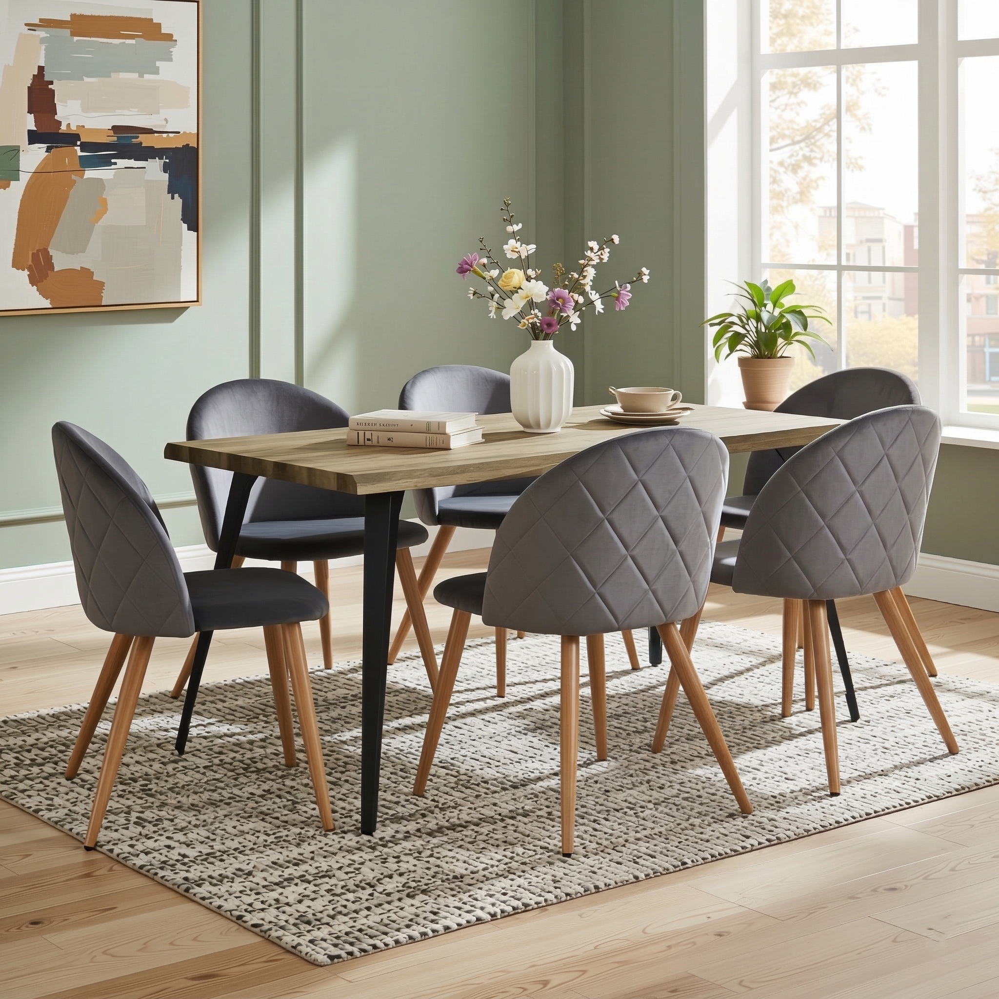Homy Casa Lancelot 7PC Dining Set 63” Walnut Table with 6 Zomba Velvet Upholstered Chairs in Grey