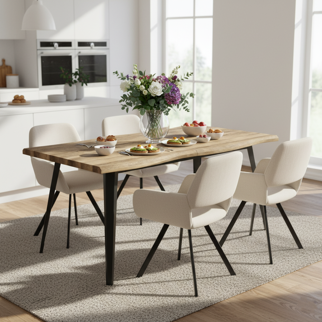 Homy Casa Lancelot 5PC Dining Table Set 63” Walnut Table with 4 California Upholstered Chairs,Beige