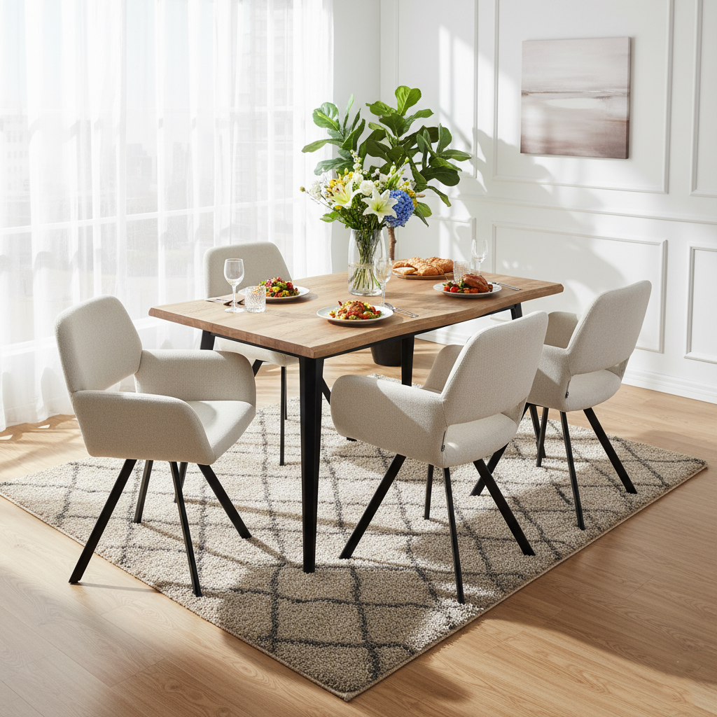 Homy Casa Lancelot 5PC Dining Table Set 63” Walnut Table with 4 California Upholstered Chairs,Beige