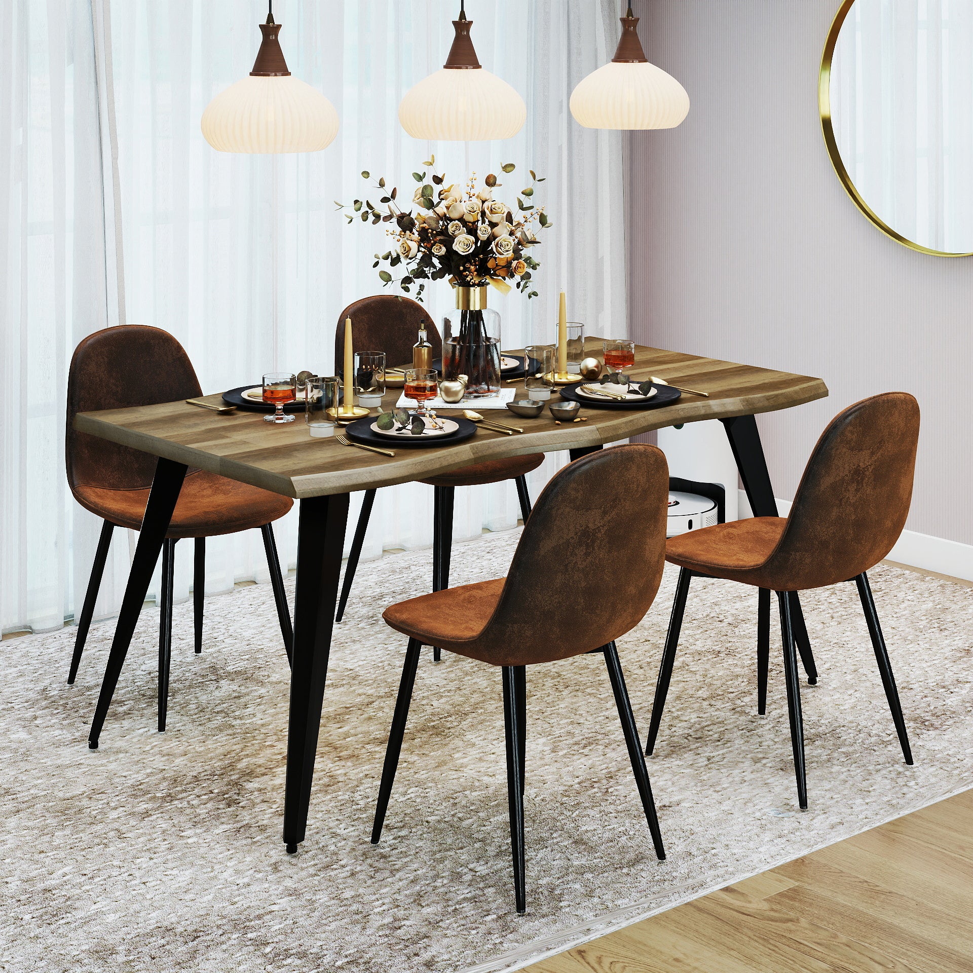 Lancelot 5 Piece Walnut Dining Table Set with 4 Charlton Upholstered Chairs