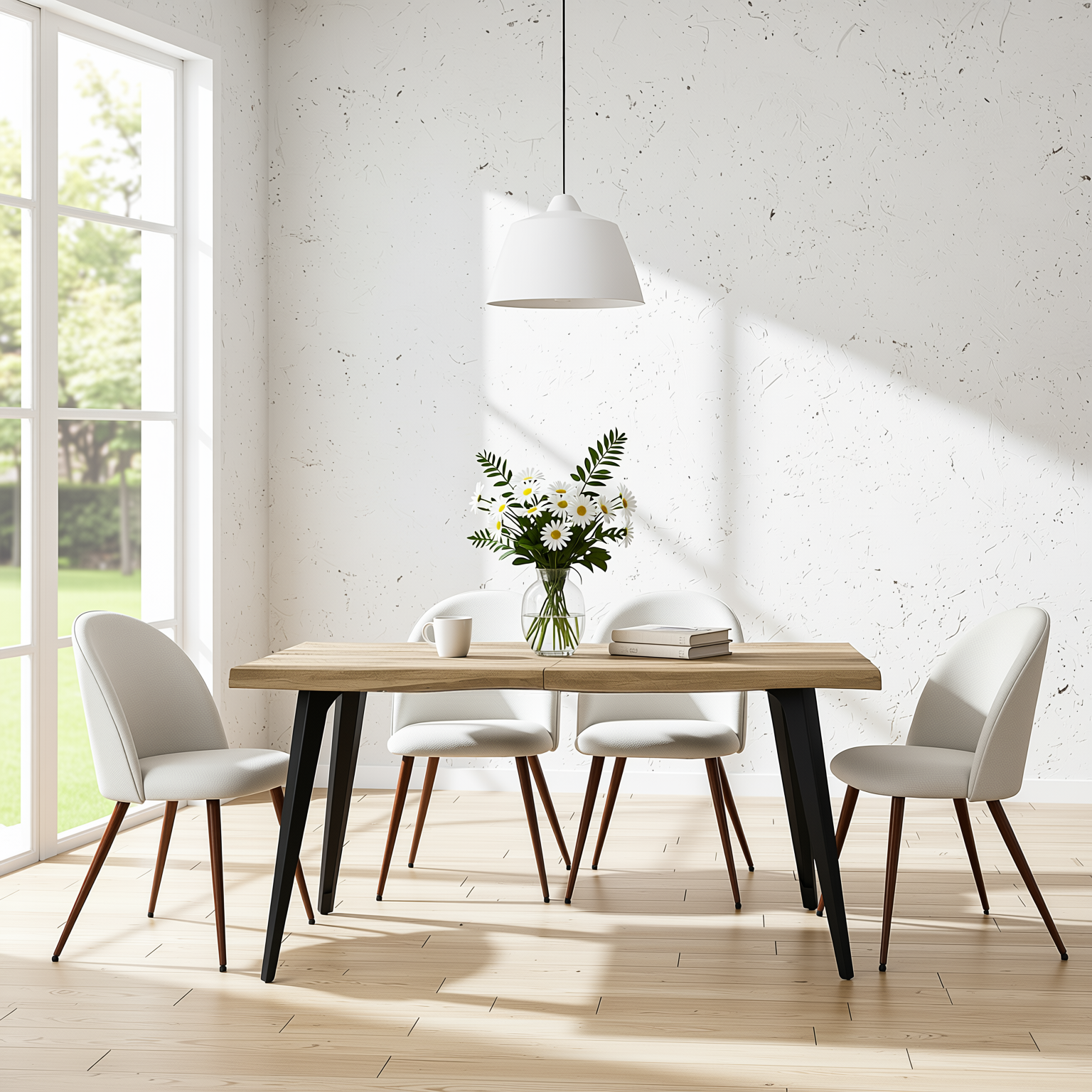 Homy Casa LANCELOT+HAVEN 5PC Dining Set 63" Walnut Table with 4 Haven Beige Fabric Chairs Walnut Legs
