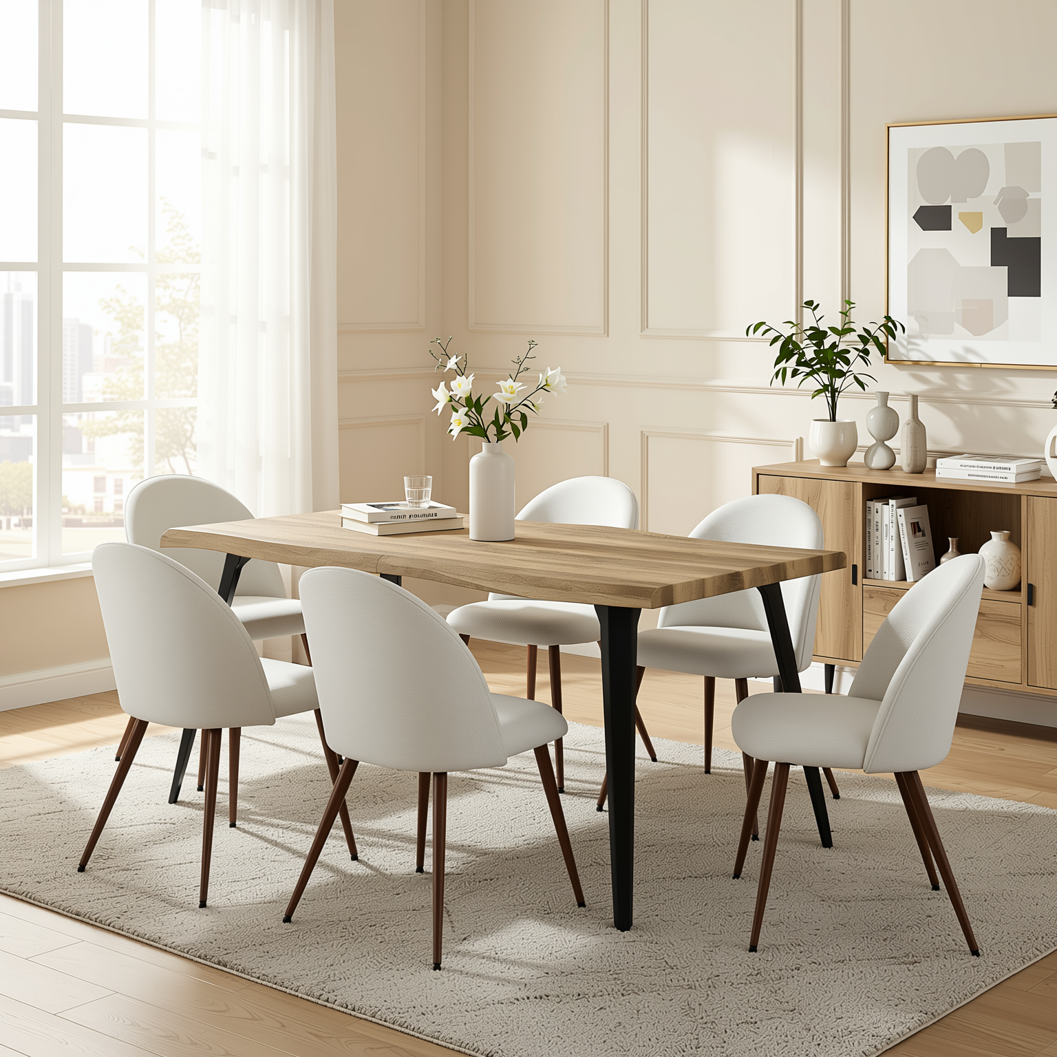 Homy Casa Lancelot + Haven 7PC Dining Set 63" Walnut Table with 6 Haven Beige Fabric Chairs Walnut Legs