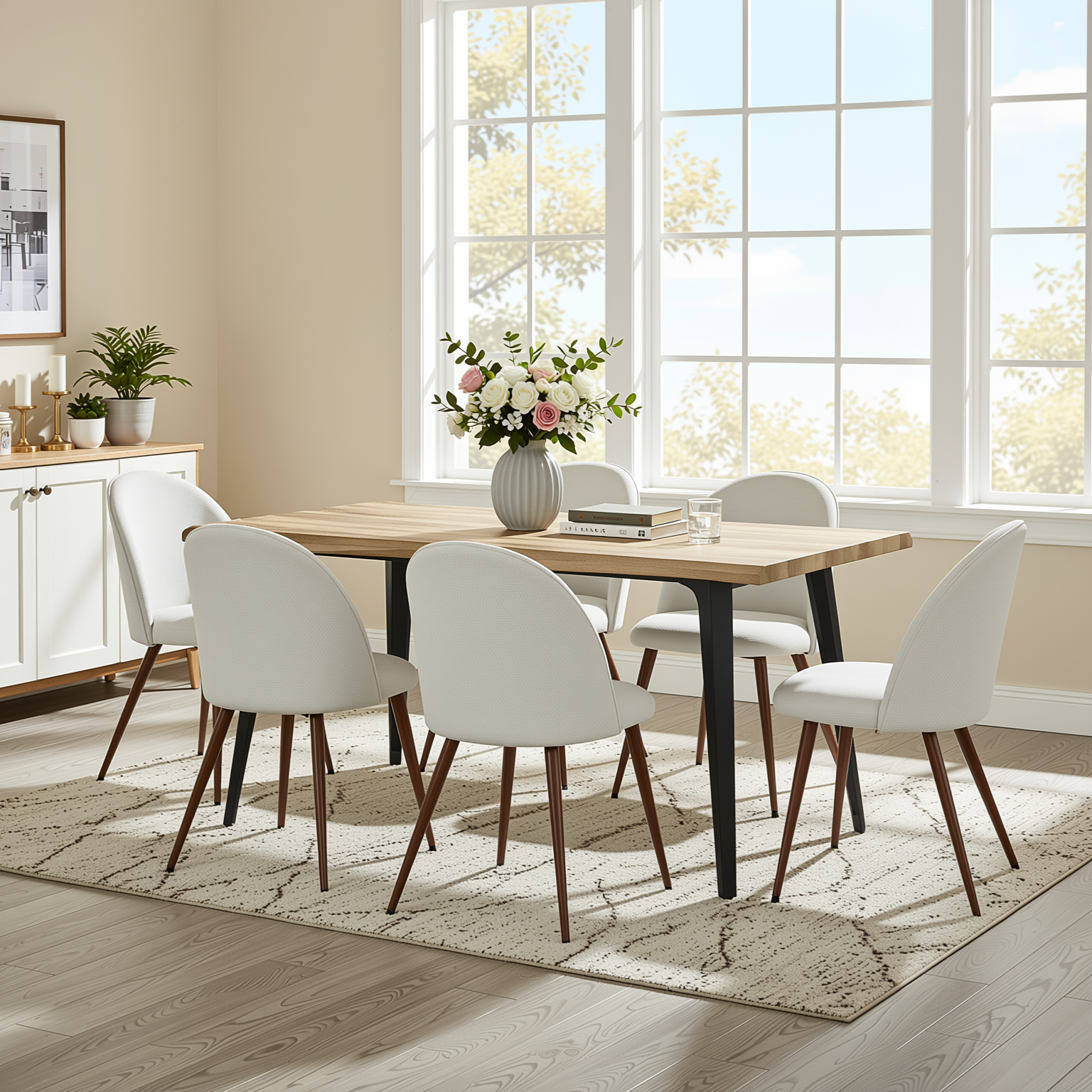 Homy Casa Lancelot + Haven 7PC Dining Set 63" Walnut Table with 6 Haven Beige Fabric Chairs Walnut Legs