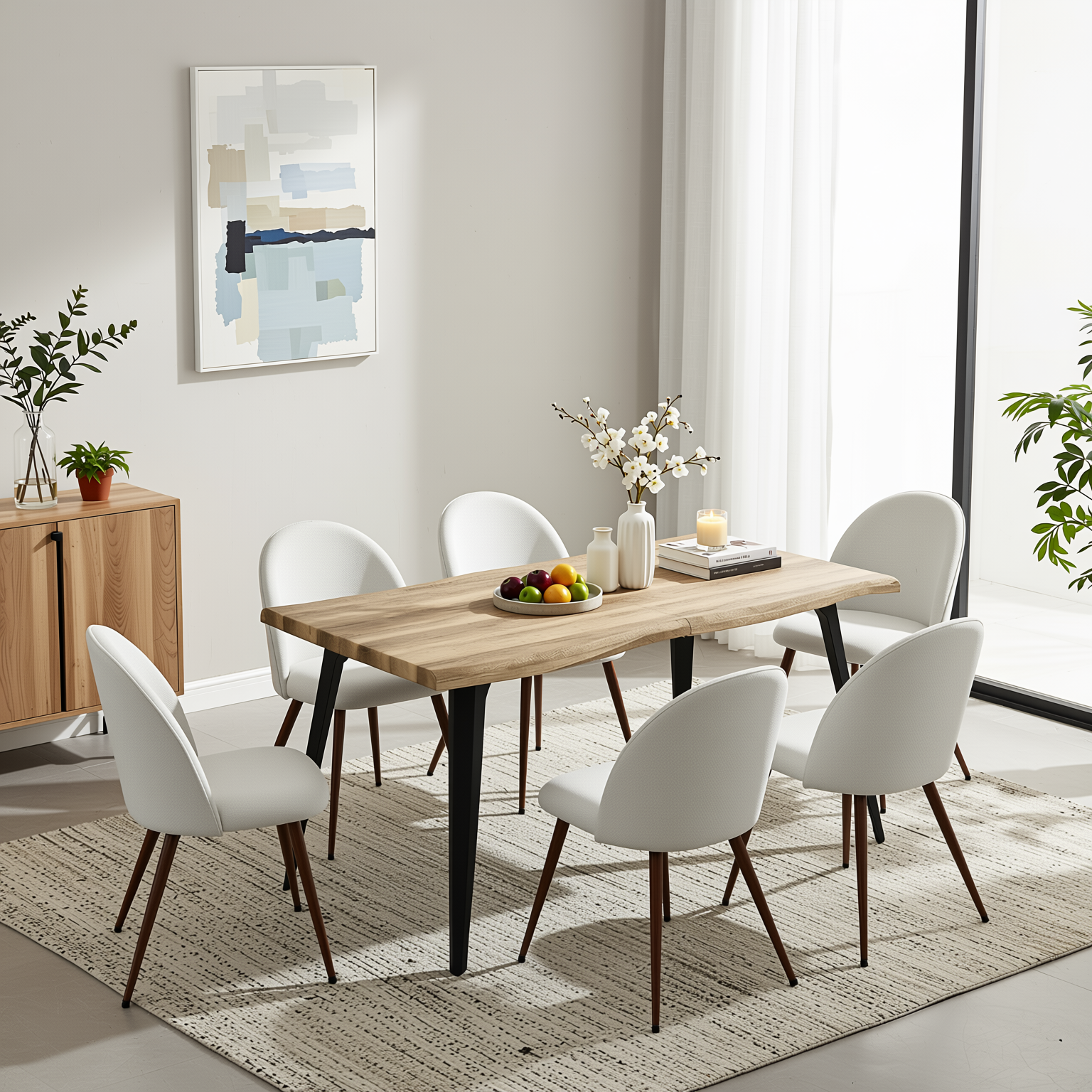 Homy Casa Lancelot + Haven 7PC Dining Set 63" Walnut Table with 6 Haven Beige Fabric Chairs Walnut Legs