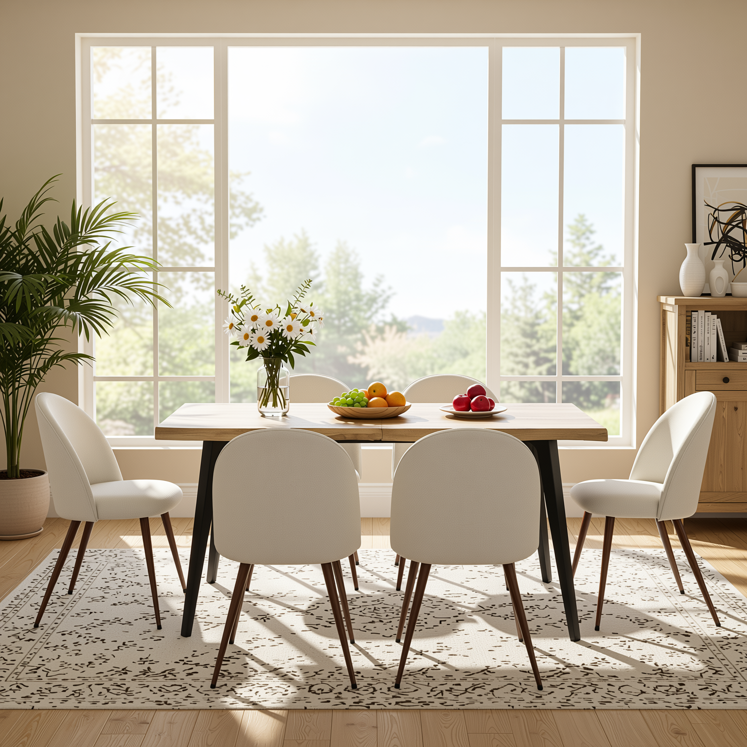Homy Casa Lancelot + Haven 7PC Dining Set 63" Walnut Table with 6 Haven Beige Fabric Chairs Walnut Legs