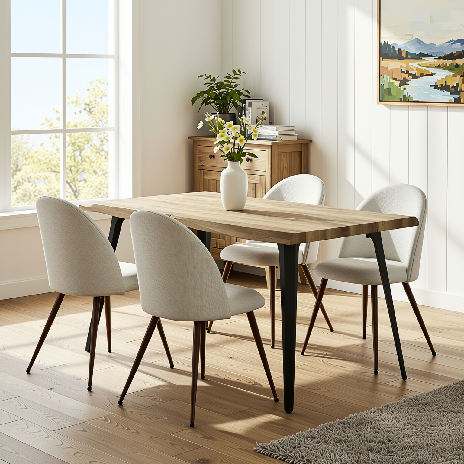 Homy Casa LANCELOT+HAVEN 5PC Dining Set 63" Walnut Table with 4 Haven Beige Fabric Chairs Walnut Legs