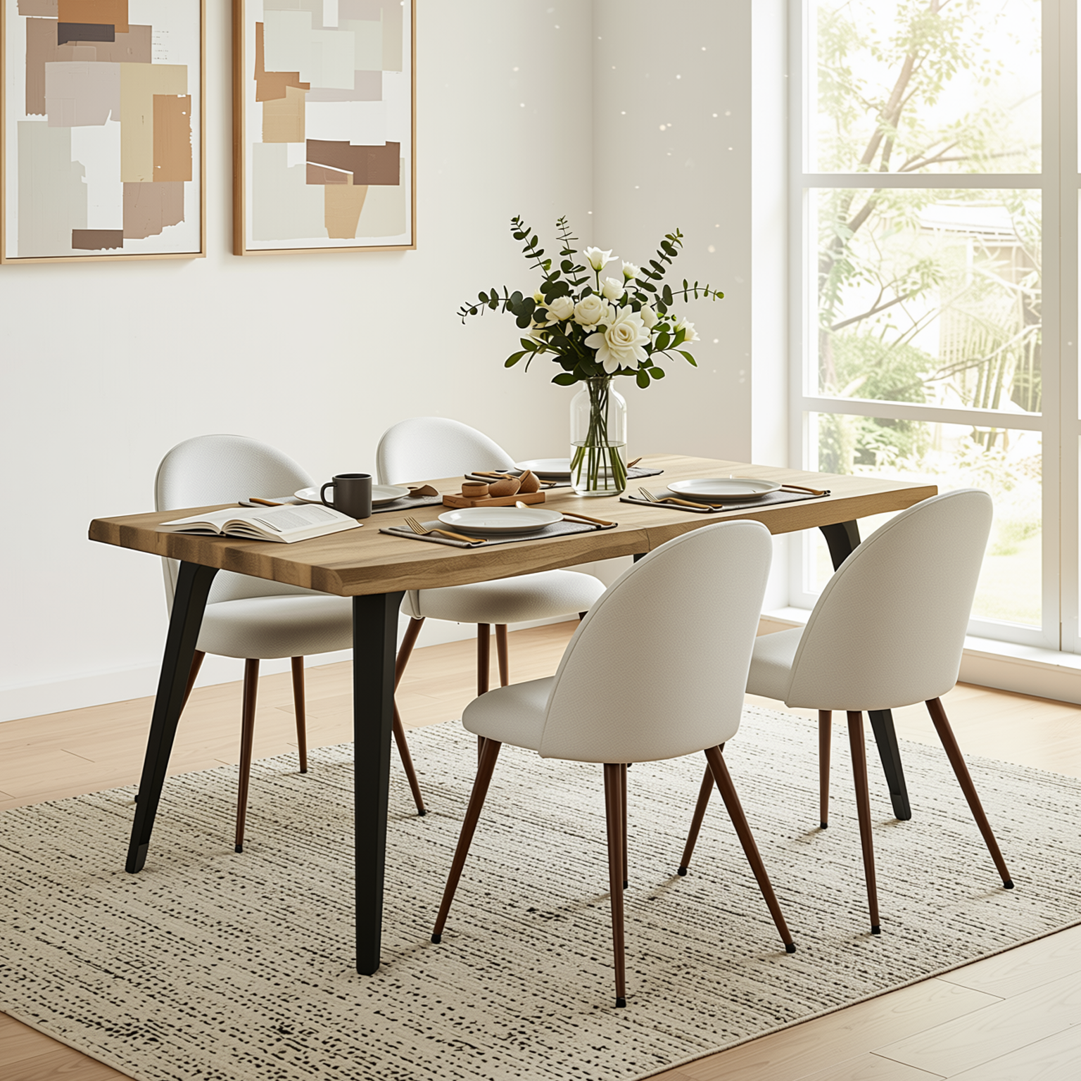Homy Casa LANCELOT+HAVEN 5PC Dining Set 63" Walnut Table with 4 Haven Beige Fabric Chairs Walnut Legs