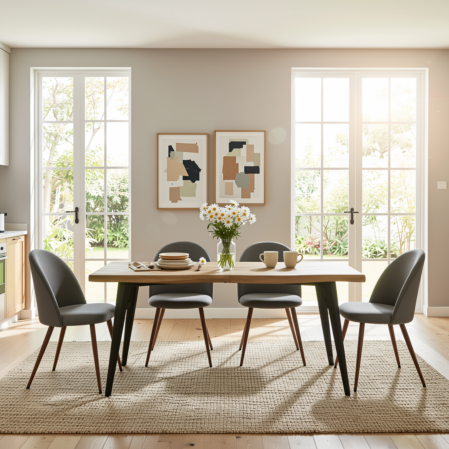 Homy Casa LANCELOT+HAVEN 5PC Dining Set 63"  Walnut Table with 4 Haven Grey Fabric Chairs