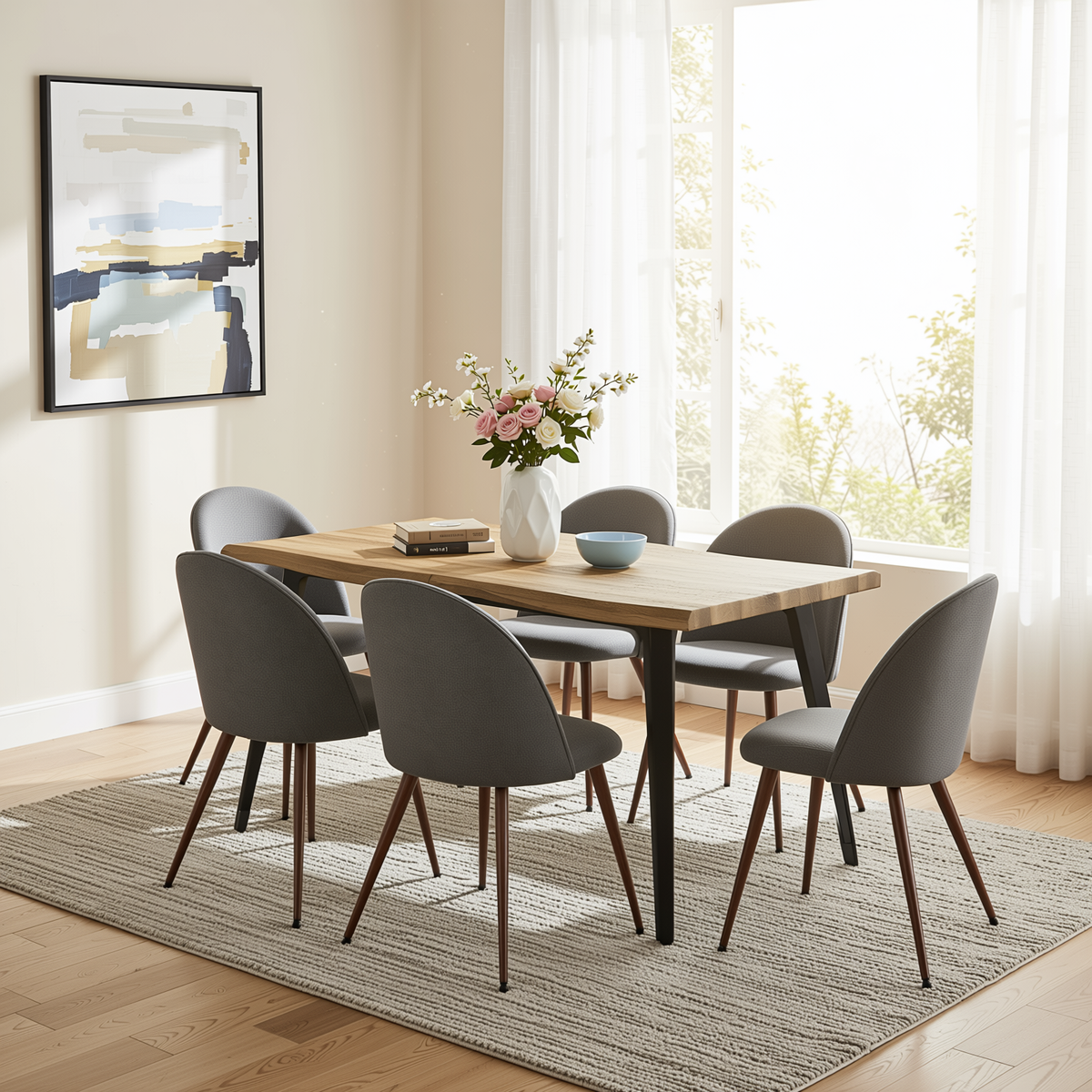 Homy Casa Lancelot 7PC Dining Set 63” Walnut Dining Table with 6 Haven Grey Fabric Chairs Open Box