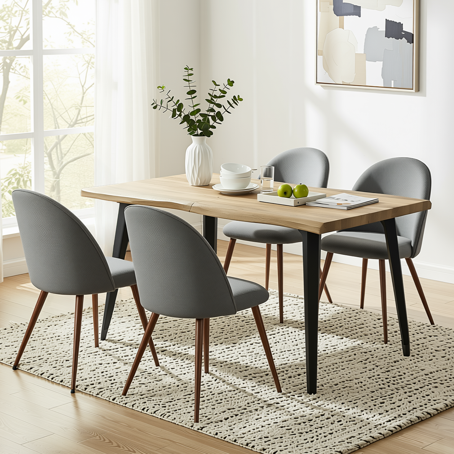 Homy Casa LANCELOT+HAVEN 5PC Dining Set 63"  Walnut Table with 4 Haven Grey Fabric Chairs
