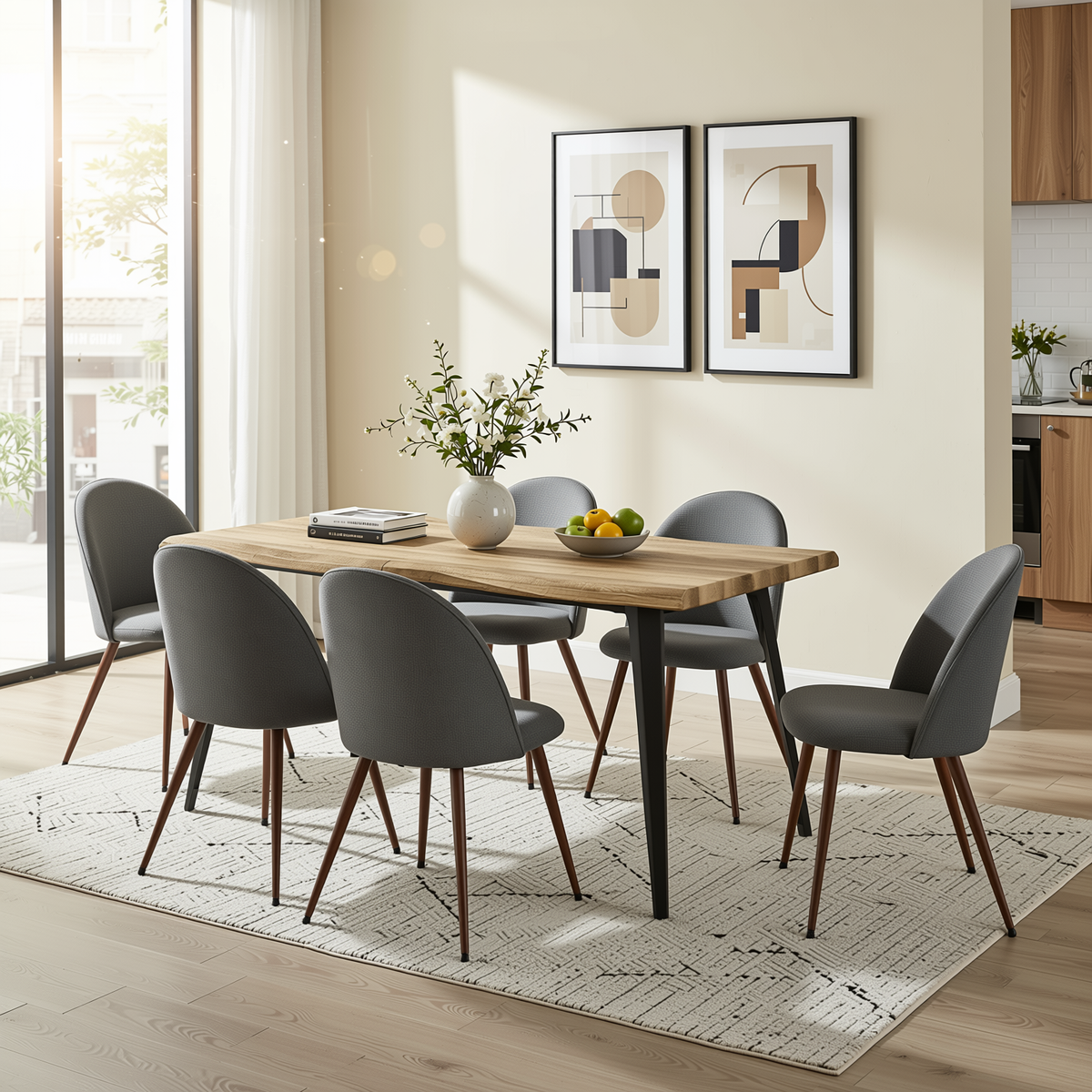 Homy Casa Lancelot 7PC Dining Set 63” Walnut Dining Table with 6 Haven Grey Fabric Chairs Open Box