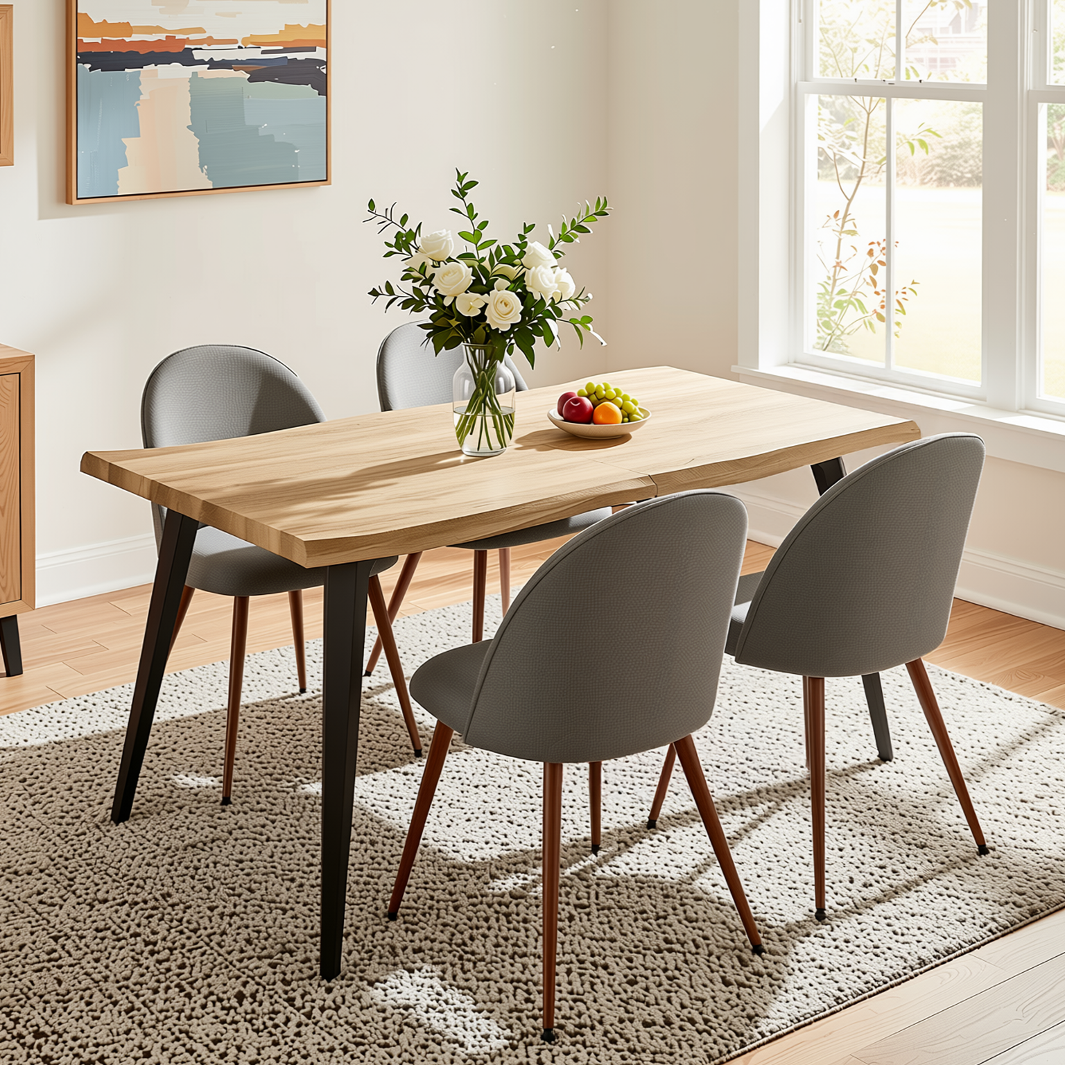 Homy Casa LANCELOT+HAVEN 5PC Dining Set 63"  Walnut Table with 4 Haven Grey Fabric Chairs