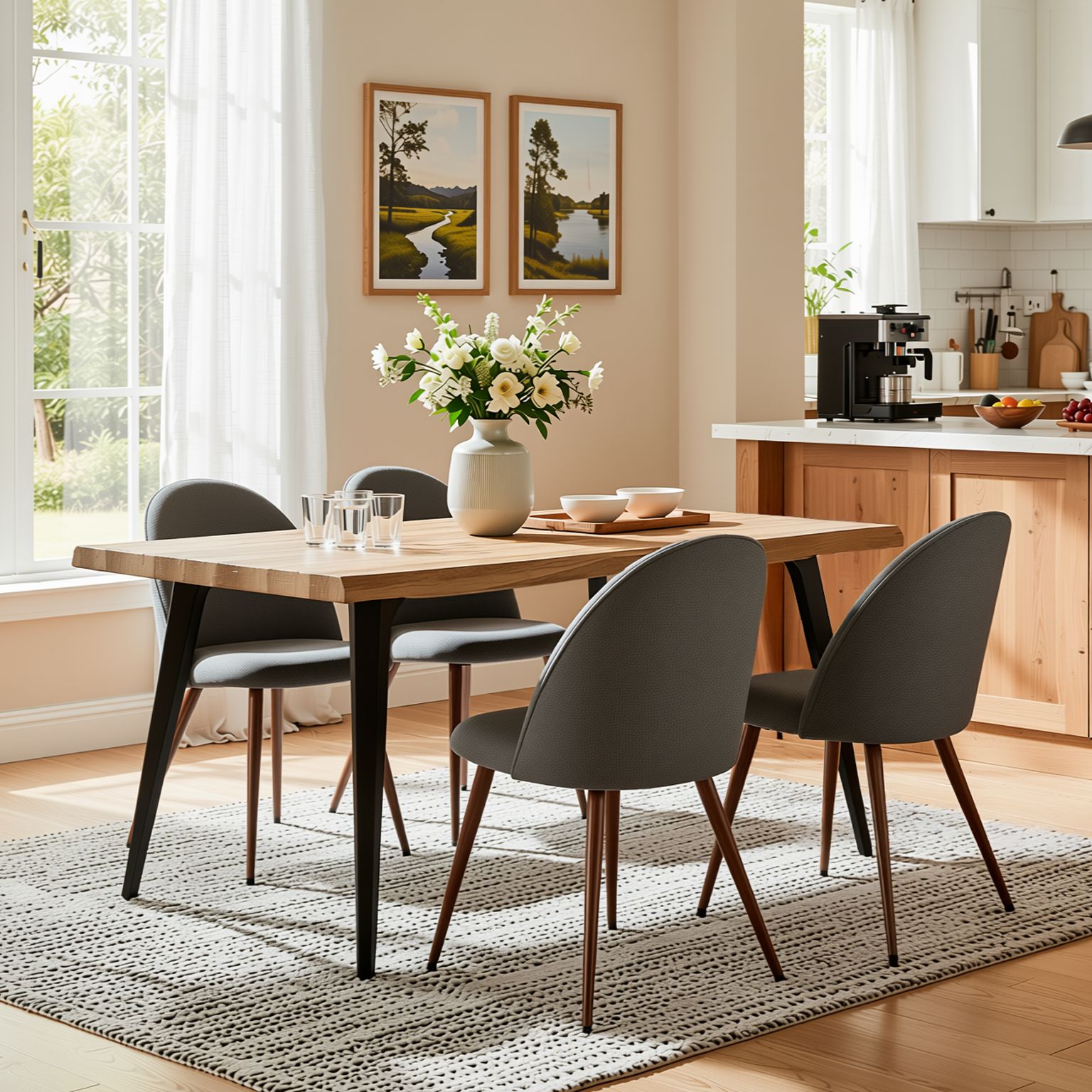 Homy Casa LANCELOT+HAVEN 5PC Dining Set 63"  Walnut Table with 4 Haven Grey Fabric Chairs