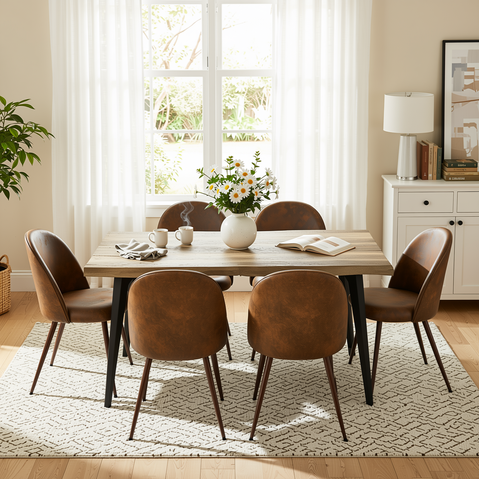 Homy Casa Lancelot + Haven 7PC Dining Set 63" Walnut Table with 6 Suede Brown Chairs Walnut Legs