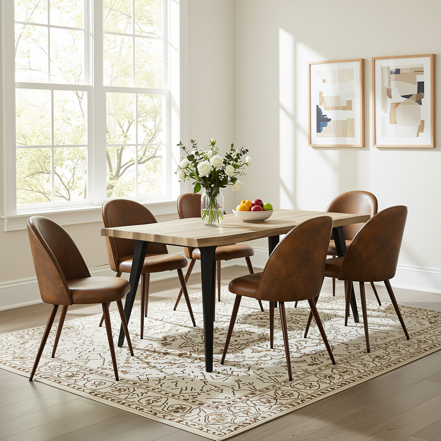 Homy Casa Lancelot + Haven 7PC Dining Set 63" Walnut Table with 6 Suede Brown Chairs Walnut Legs