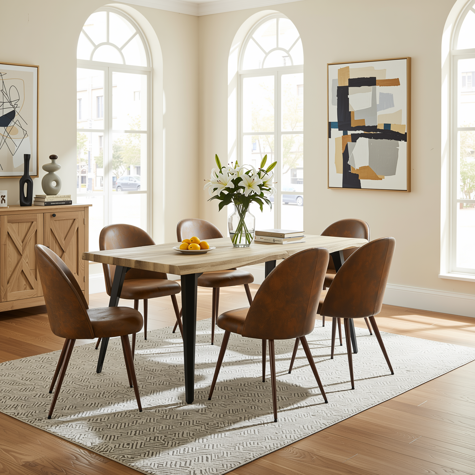 Homy Casa LANCELOT+HAVEN 5PC Dining Set 63" Walnut Table with 4 Haven Suede Brown Chairs Walnut Legs