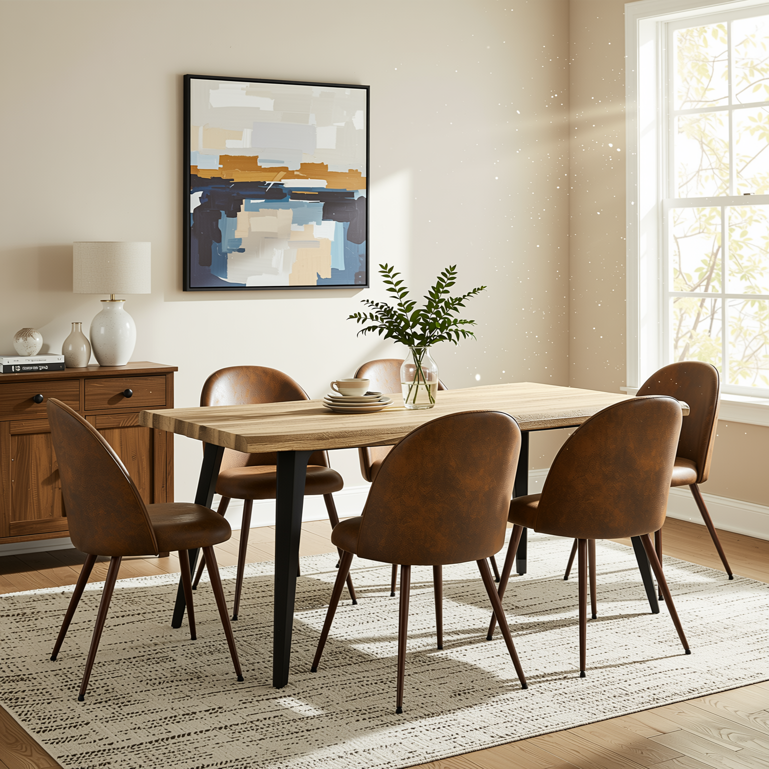 Homy Casa Lancelot + Haven 7PC Dining Set 63" Walnut Table with 6 Suede Brown Chairs Walnut Legs