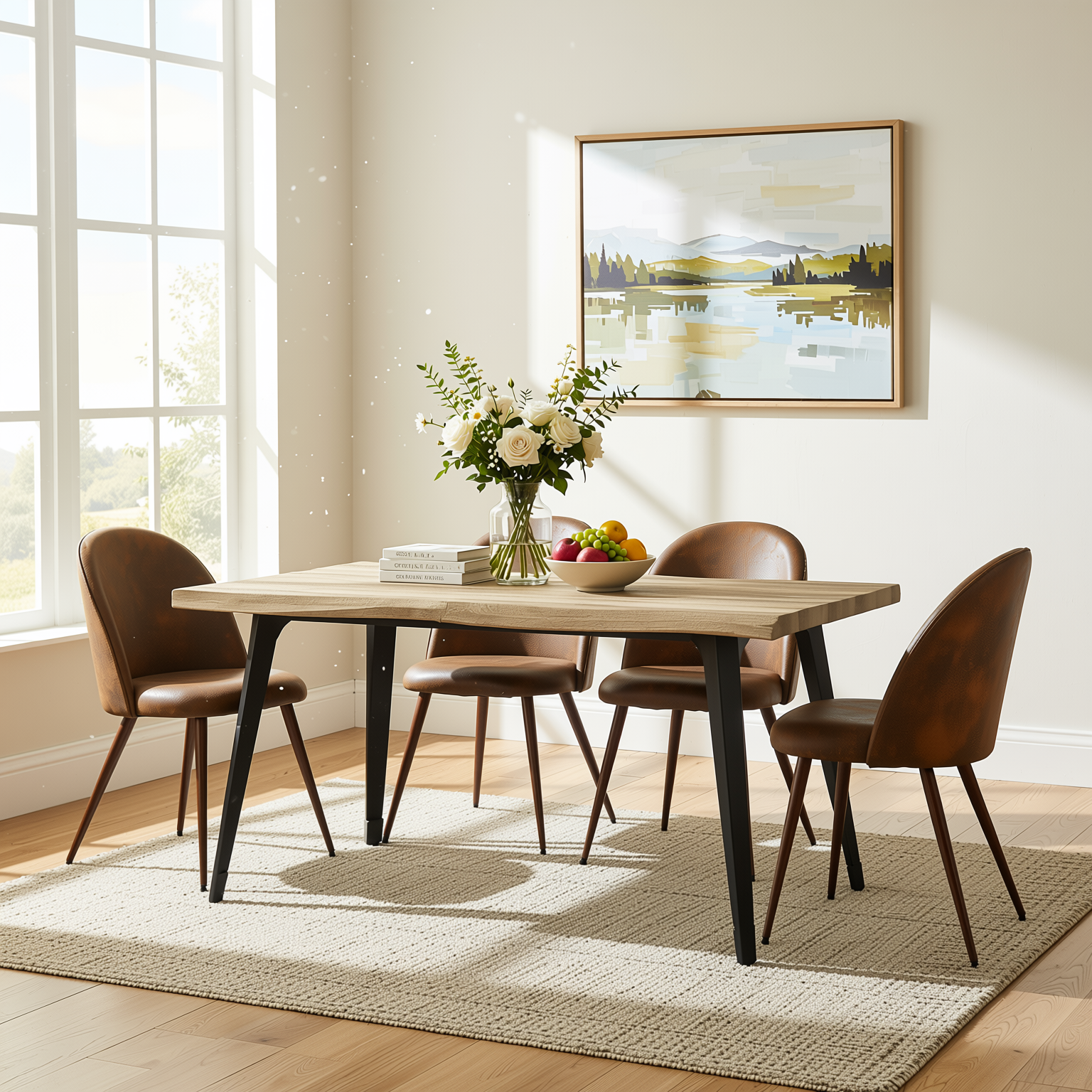 Homy Casa LANCELOT+HAVEN 5PC Dining Set 63" Walnut Table with 4 Haven Suede Brown Chairs Walnut Legs