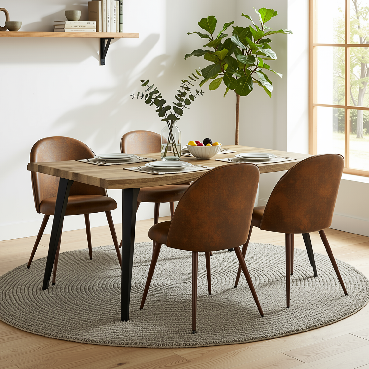 Homy Casa LANCELOT+HAVEN 5PC Dining Set 63" Walnut Table with 4 Haven Suede Brown Chairs Walnut Legs